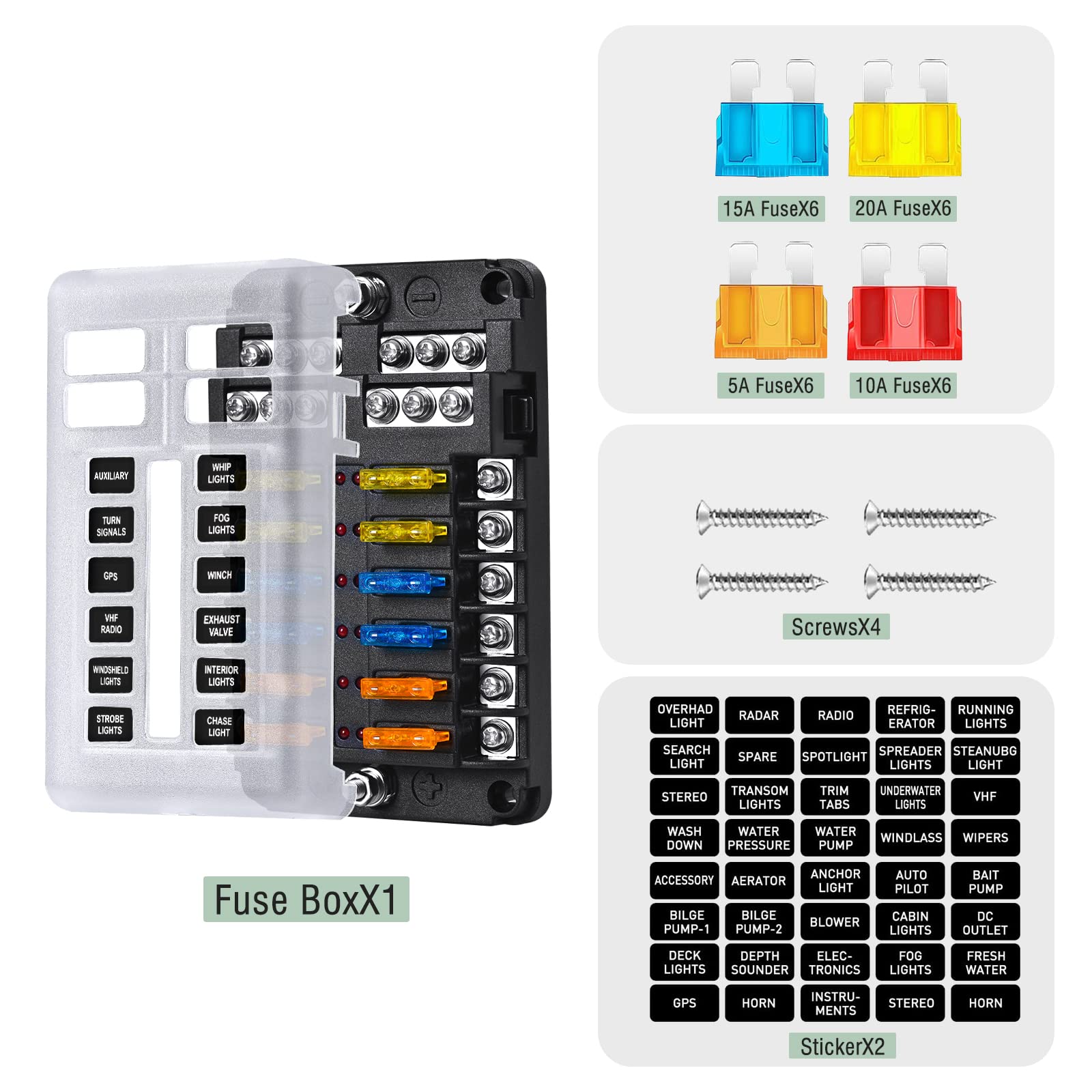 12-Way Marine Fuse Block,Waterproof 12V Fuse Block With Led Indicator For 12V/24V Automotive Golf Cart Truck Car Boat Marine Rv