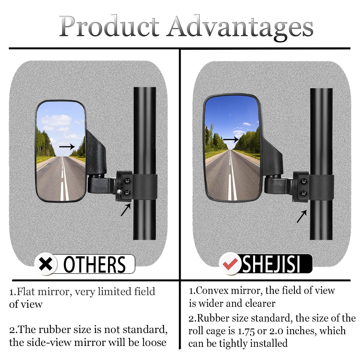 SHEJISI UTV Side Mirrors Fits 1.75''-2'' Inch Roll Cage, Upgraded Easy-Adjustable New UTV Mirrors Side View, Compatible with Pol