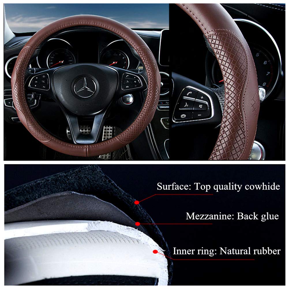 Brown Wheel Cover Cowhide Steering Wheel Cover Brown Leather Car Steering Wheel Cover Universal 15.5Inch / Size L Fit Car/Auto/S