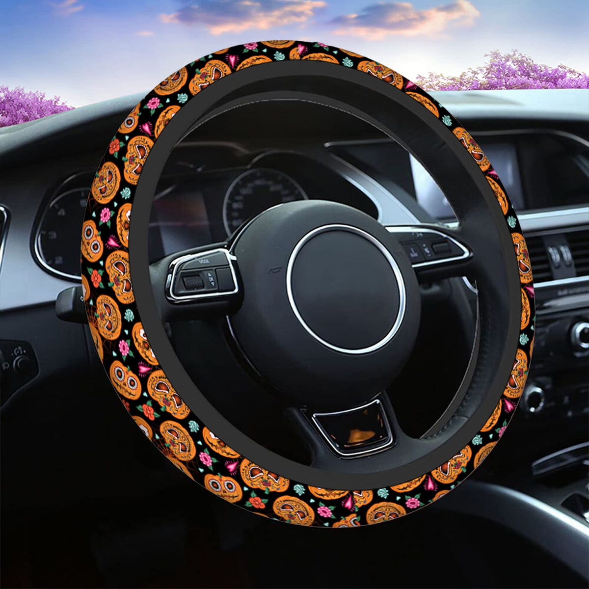 Swono Halloween Pumpkin Steering Wheel Cover For Men Women Cute Pumpkin Rose Flowers Spiderweb Universal 15 Inch Auto Neoprene C