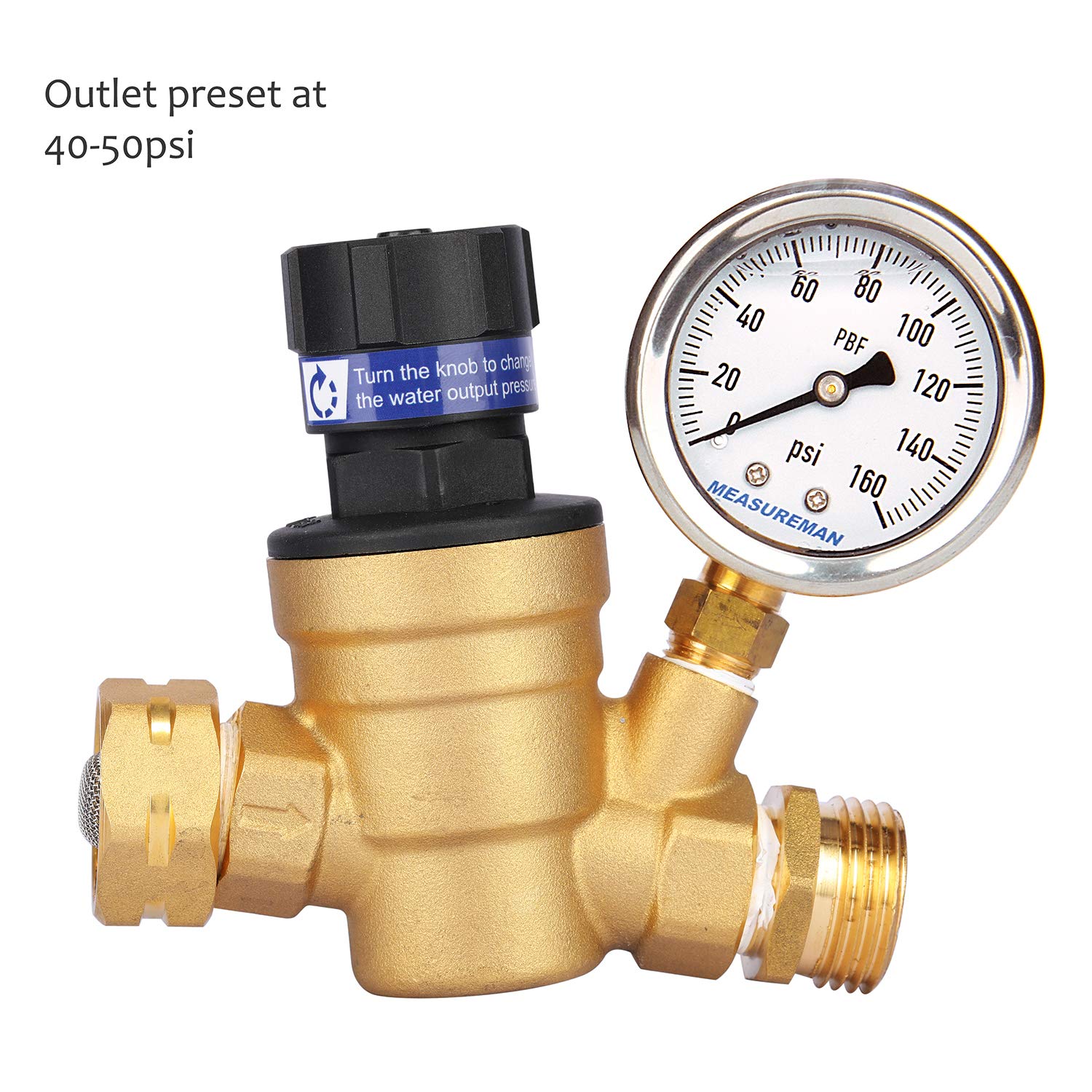 Measureman Handle Adjustable Brass Lead-Free Rv Pressure Regulator, Pressure Reducer With Liquid Filled Pressure Gauge 160Psi An