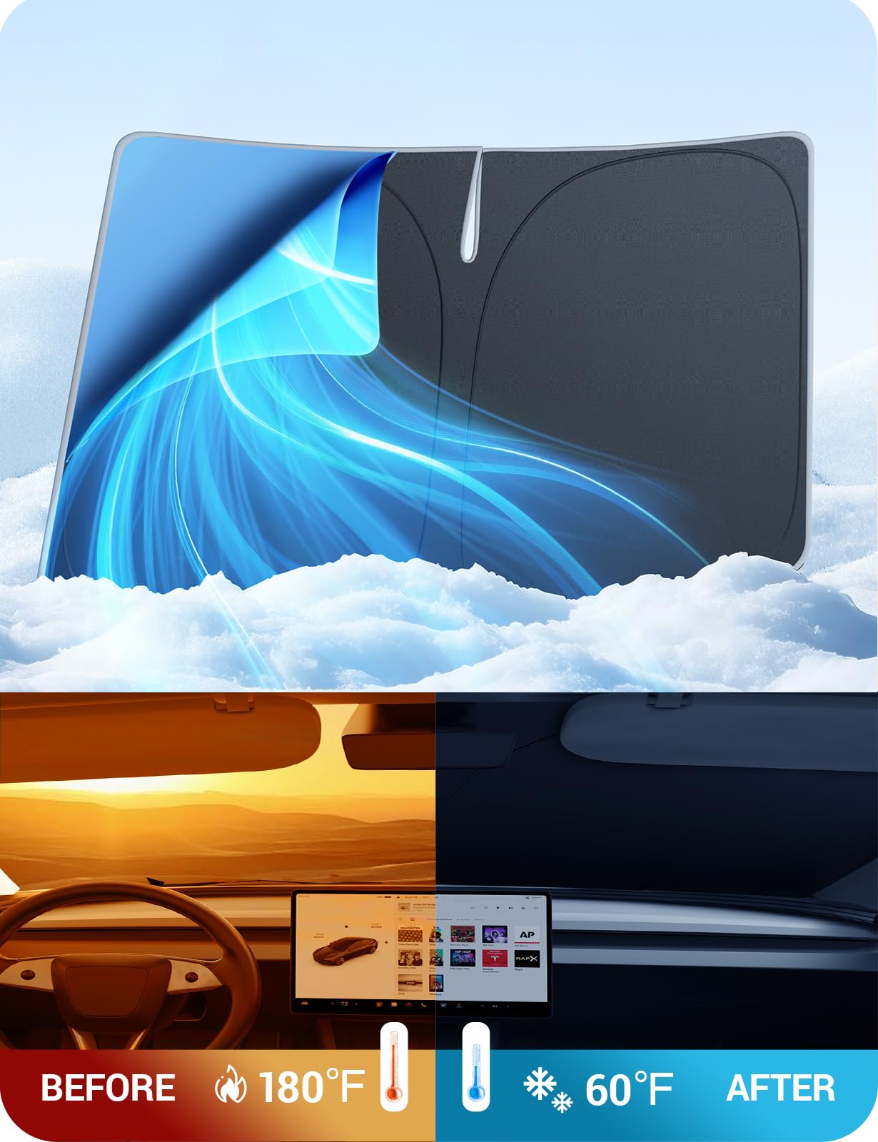 Basenor 2026-2017 Tesla Model Y Model 3 Windshield Sunshade [Nano Ice Crystal], Folding Front Window Sun Shade Full Cover, Heat