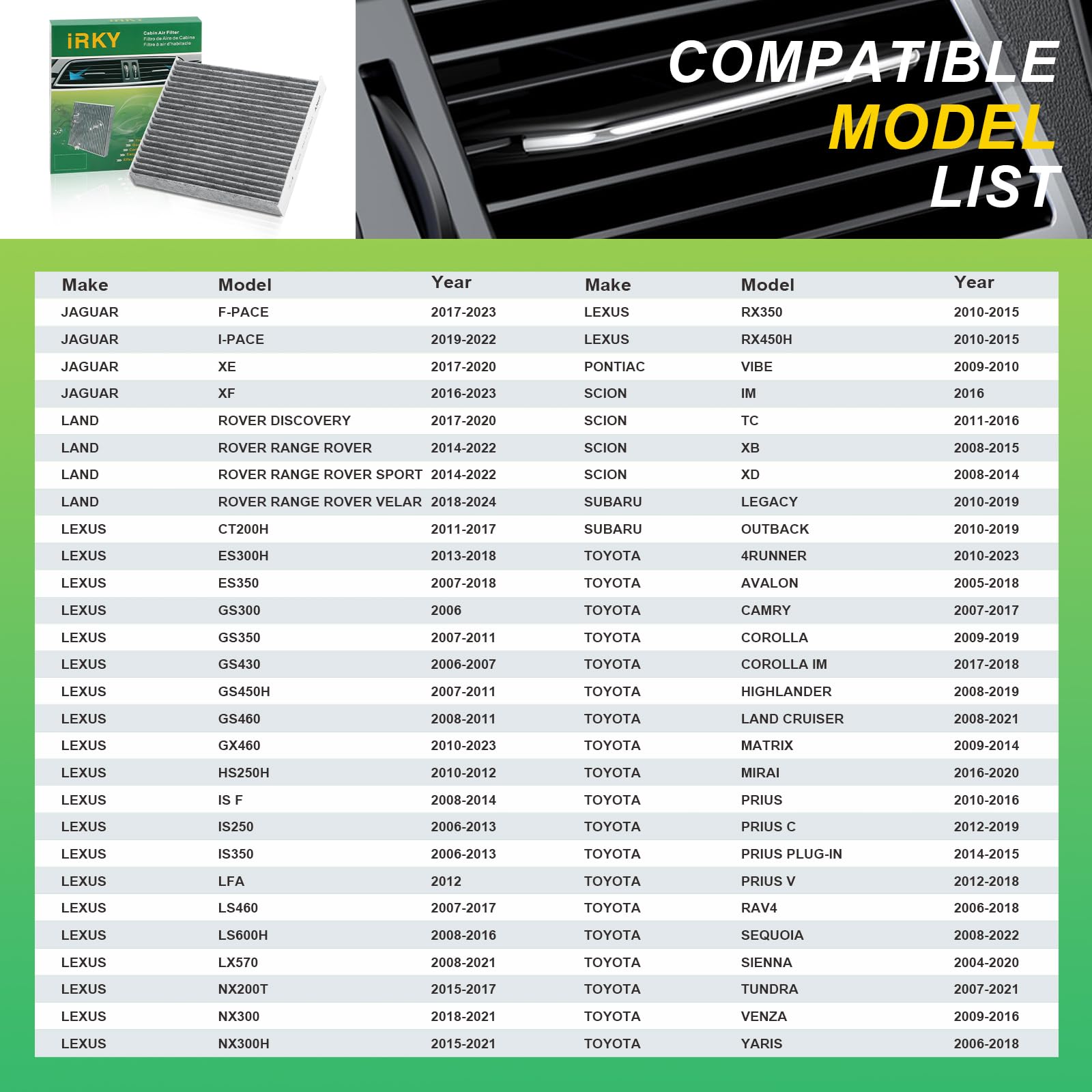CF10285 Cabin Air Filter with Activated Carbon Compatible with Subaru Toyota Camry 4Runner Rav4 Lexus Pontiac Scion Jaguar Land