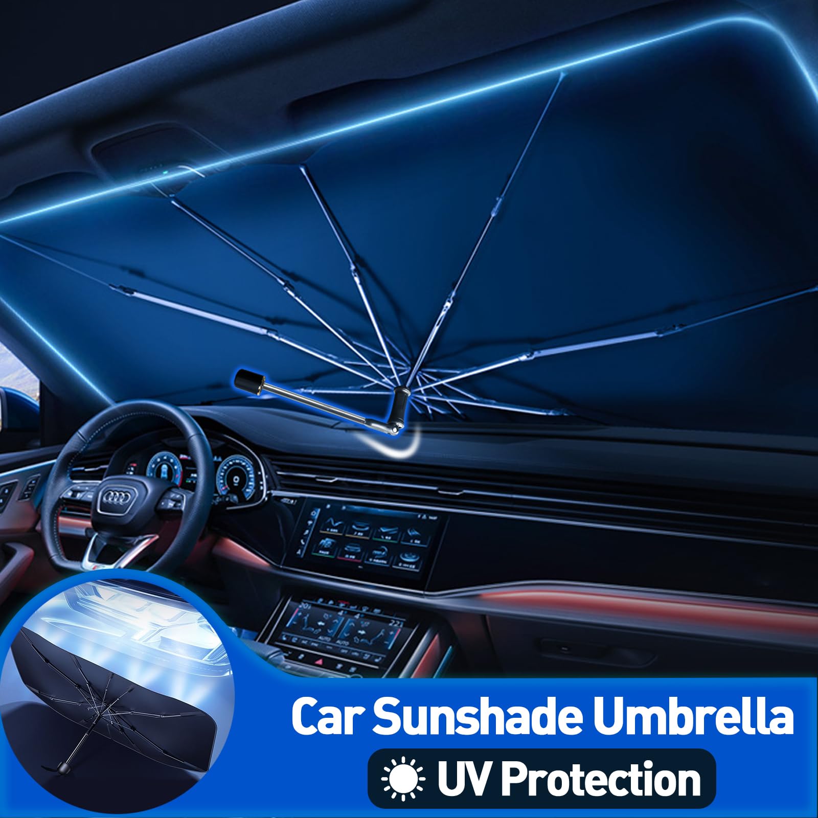 Car Windshield Sun Shade Umbrella, Upgraded Car Windshield Cover Sunshade 360 Rotation Bendable Shaft, Uv Block For Car Front Wi