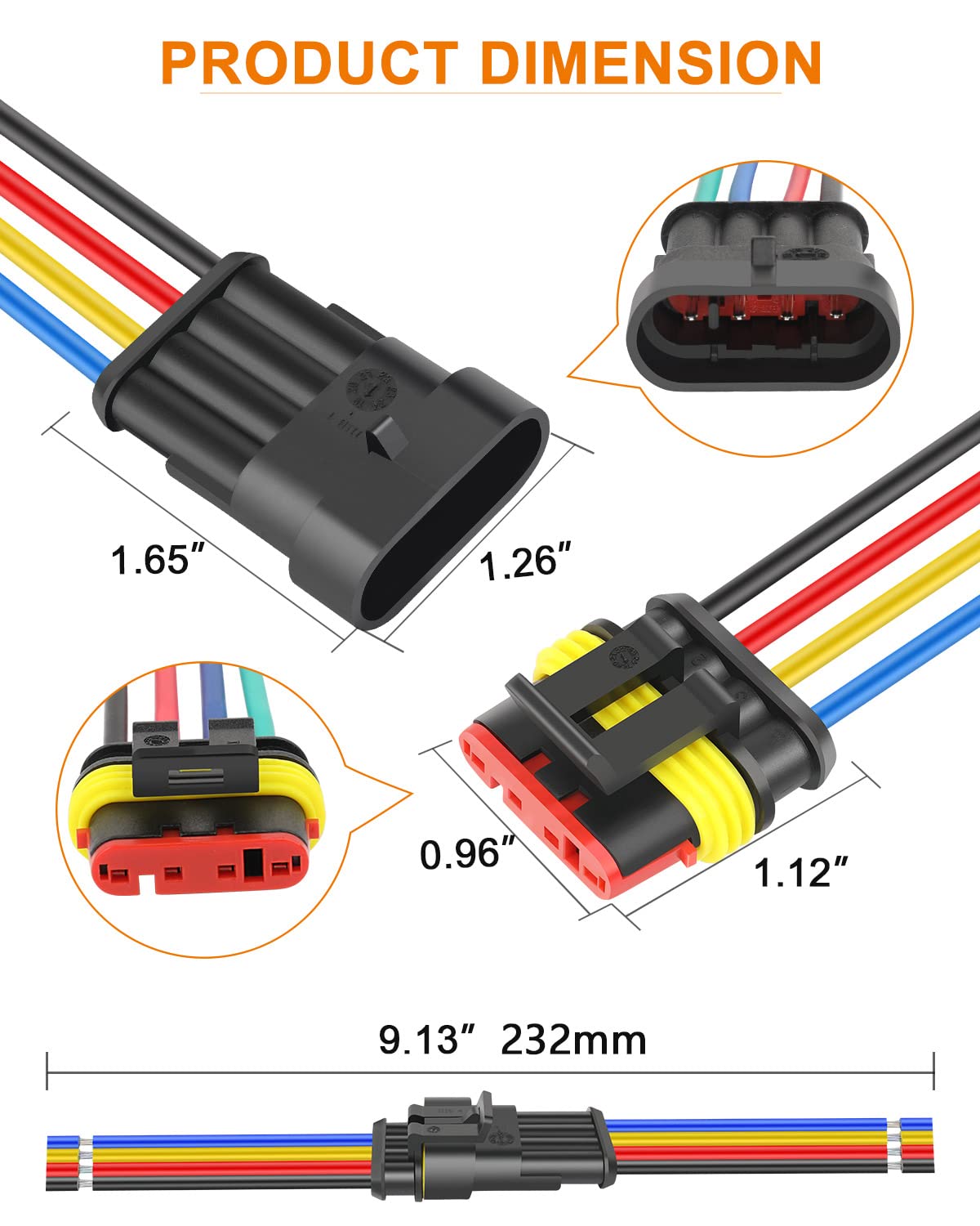 Naoevo 4 Pin Connector Waterproof, 16 Awg 4 Wire Connectors, Automotive Electrical Connectors Male And Female Way With Heat Shri
