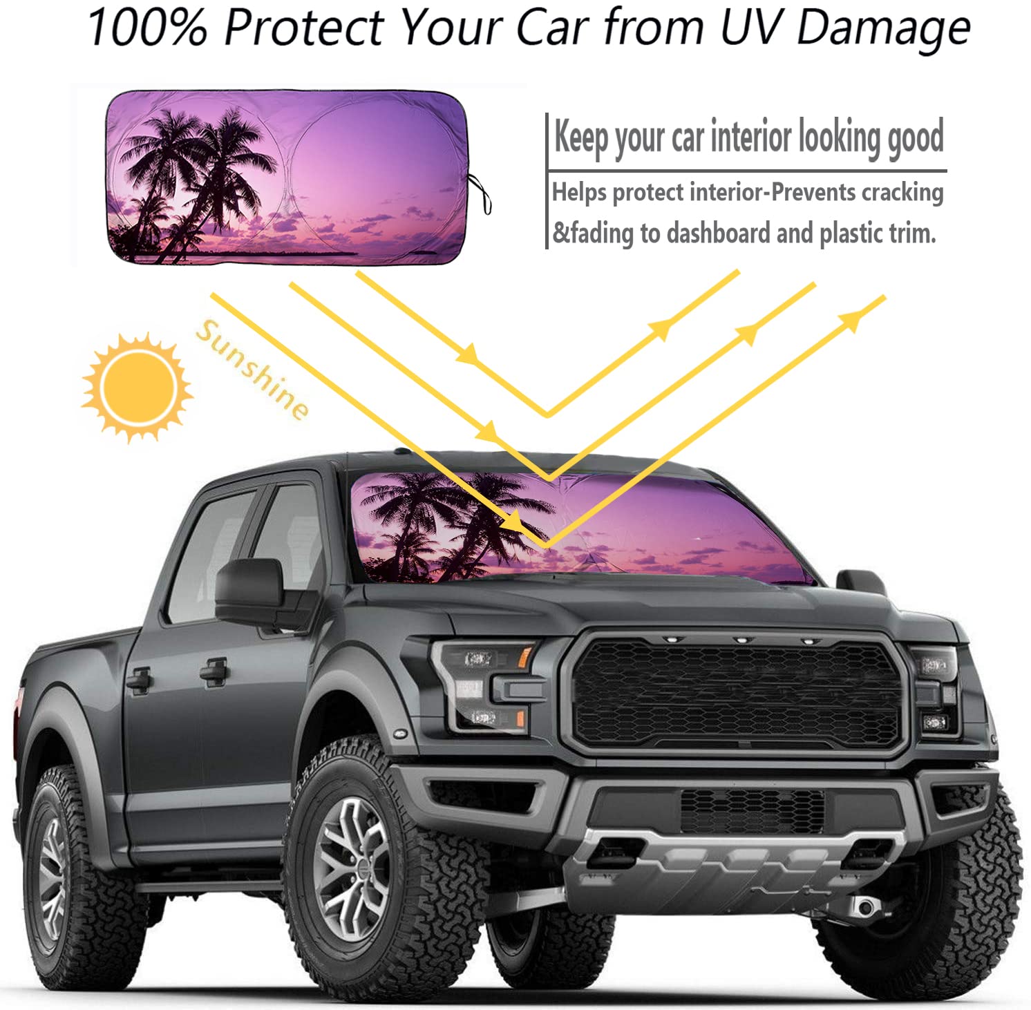 [2025 Upgrade] Tropical Palm Tree Sunset Beach Windshield Sun Shades, Sunshade For Car Suv Truck,Keep The Vehicle Cool,The Vehic