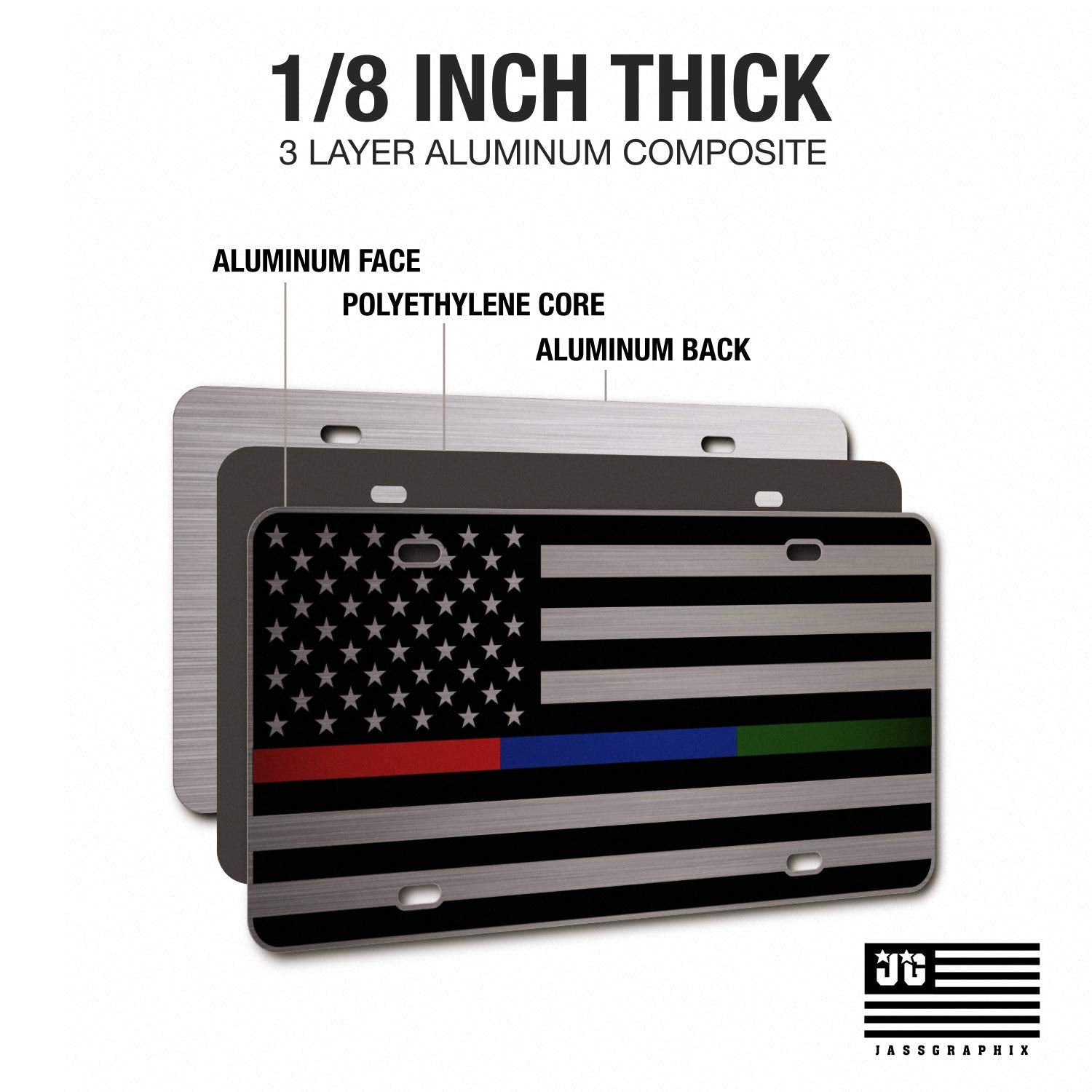 Jass Graphix Thin Blue Line Thin Red Line Thin Green Line American Flag License Plate Matte Black On 1/8'' Brushed Aluminum Comp