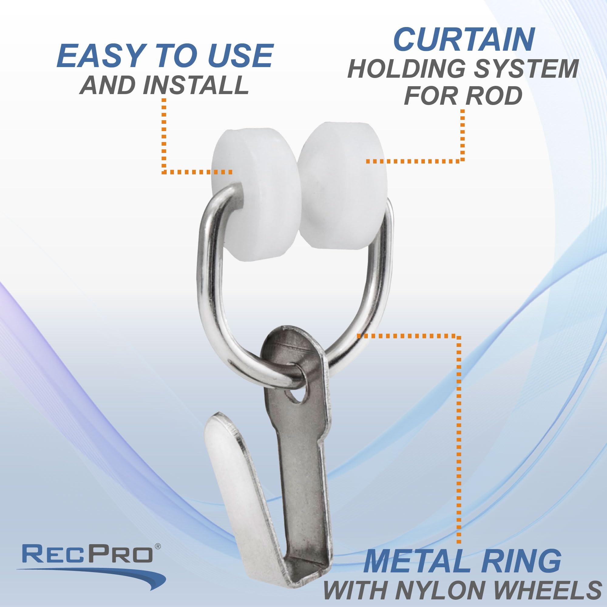RecPro RV Curtain Carrier Hooks – Nylon Wheels with Metal Ring for I-Beam Track, Smooth Gliding, 14 or 20 Pack, Easy Install, Silver/Black