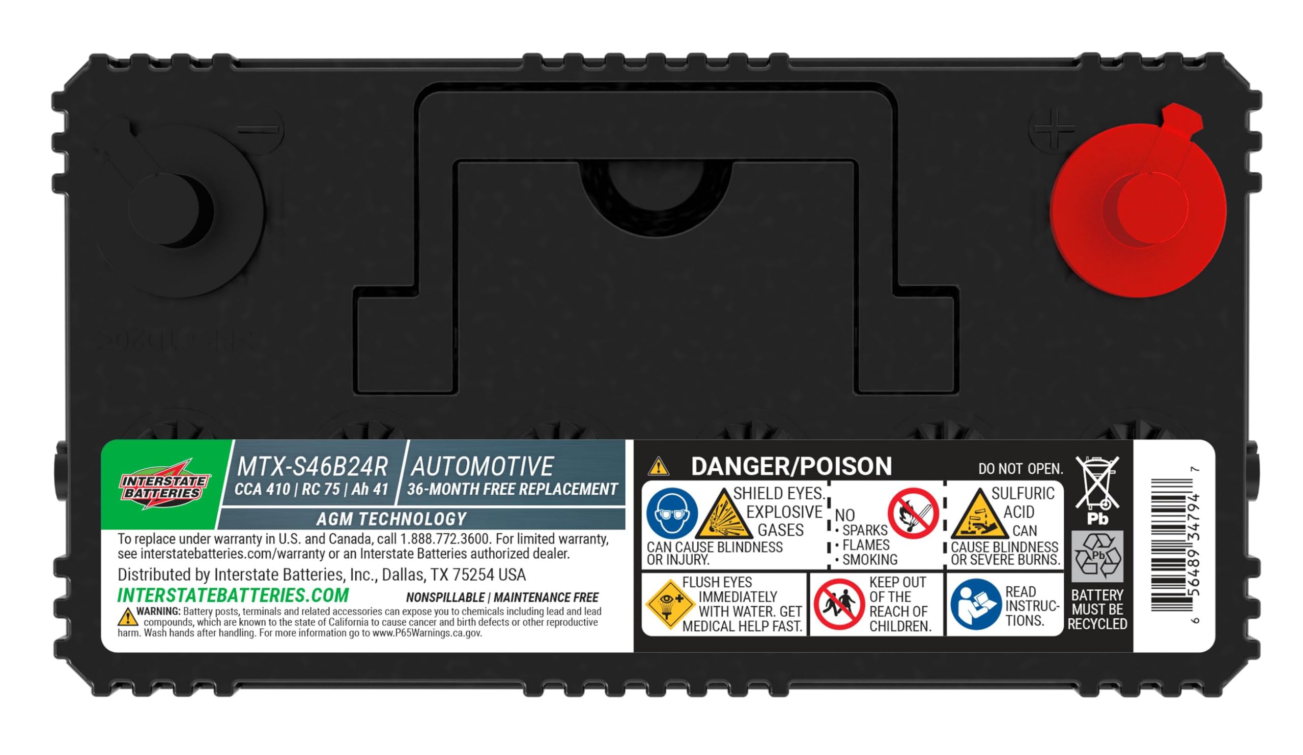 Interstate Batteries Group S46B24R AGM Car Battery Replacement (MTX-S46B24R) 12V, 410 CCA, 36 Month Warranty, Replacement Automo
