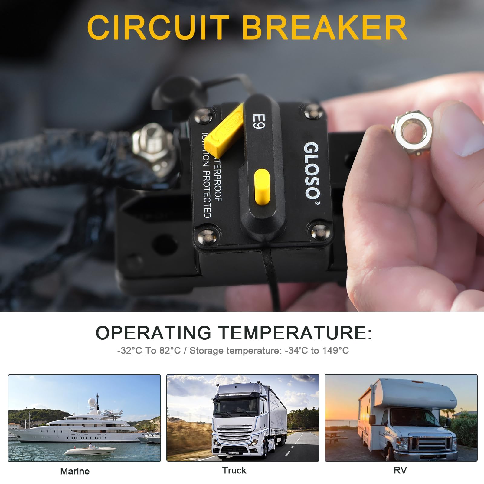 Gloso Circuit Breaker E93 200A Breaker Extended Surface Mount 3/8 Diagonal Stud Waterproof Ip67 Marine Rv Truck Hi-Amp (200A)