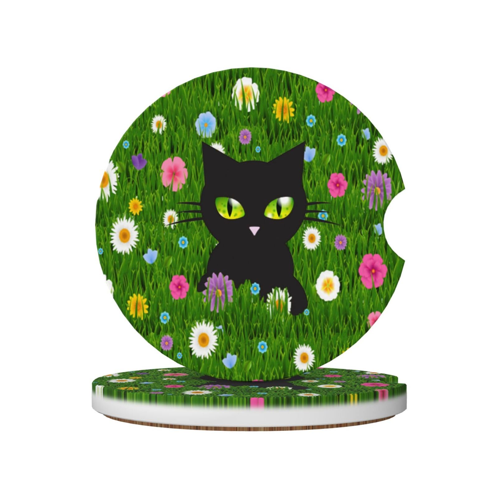 Black Cat Flower Car Cup Holder Coaster 2 Pack Absorbent Ceramic Car Coasters For Cup Holders Car Accessories Interior For Women