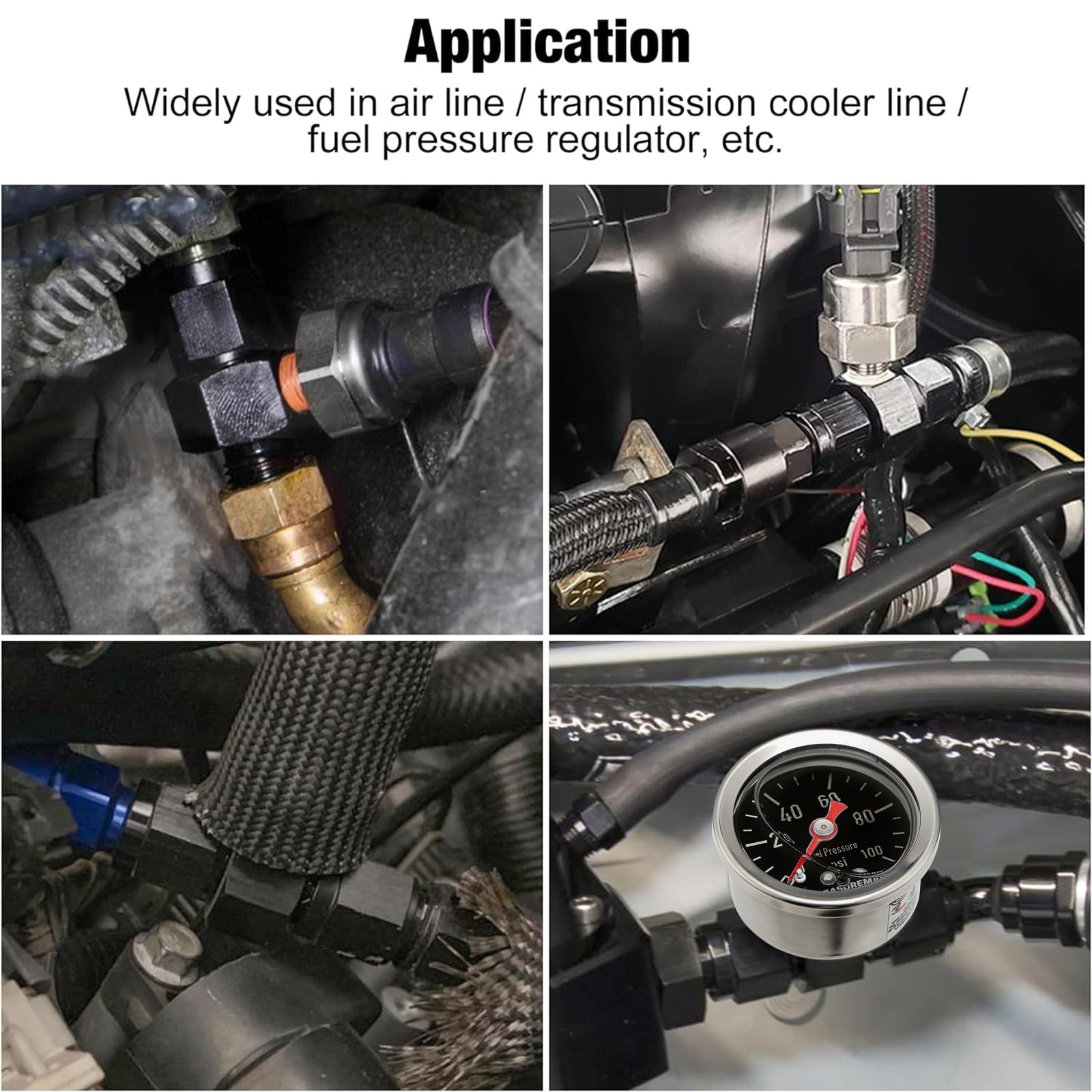 Measureman 0-100Psi Stainless Steel Glycerin Filled Fuel Pressure Gauge, 1-1/2'' Black Dial, With 6An Fuel Pressure Take Off Fit