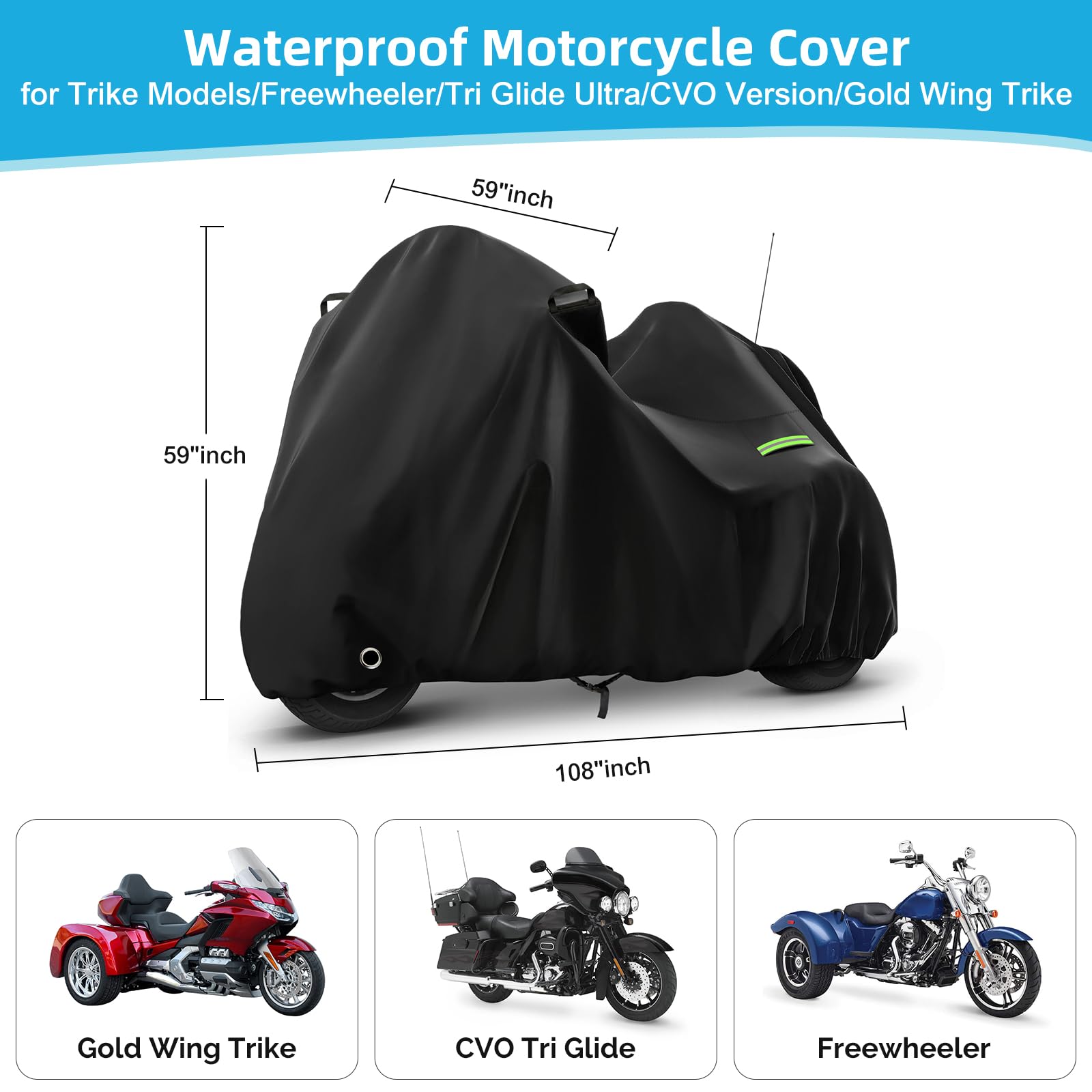 Motorcycle Cover Waterproof for Trike Models Freewheeler/CVO Version/Tri Glide Ultra/Gold Wing Trike, Heavy Duty Sun Rain Outdoo