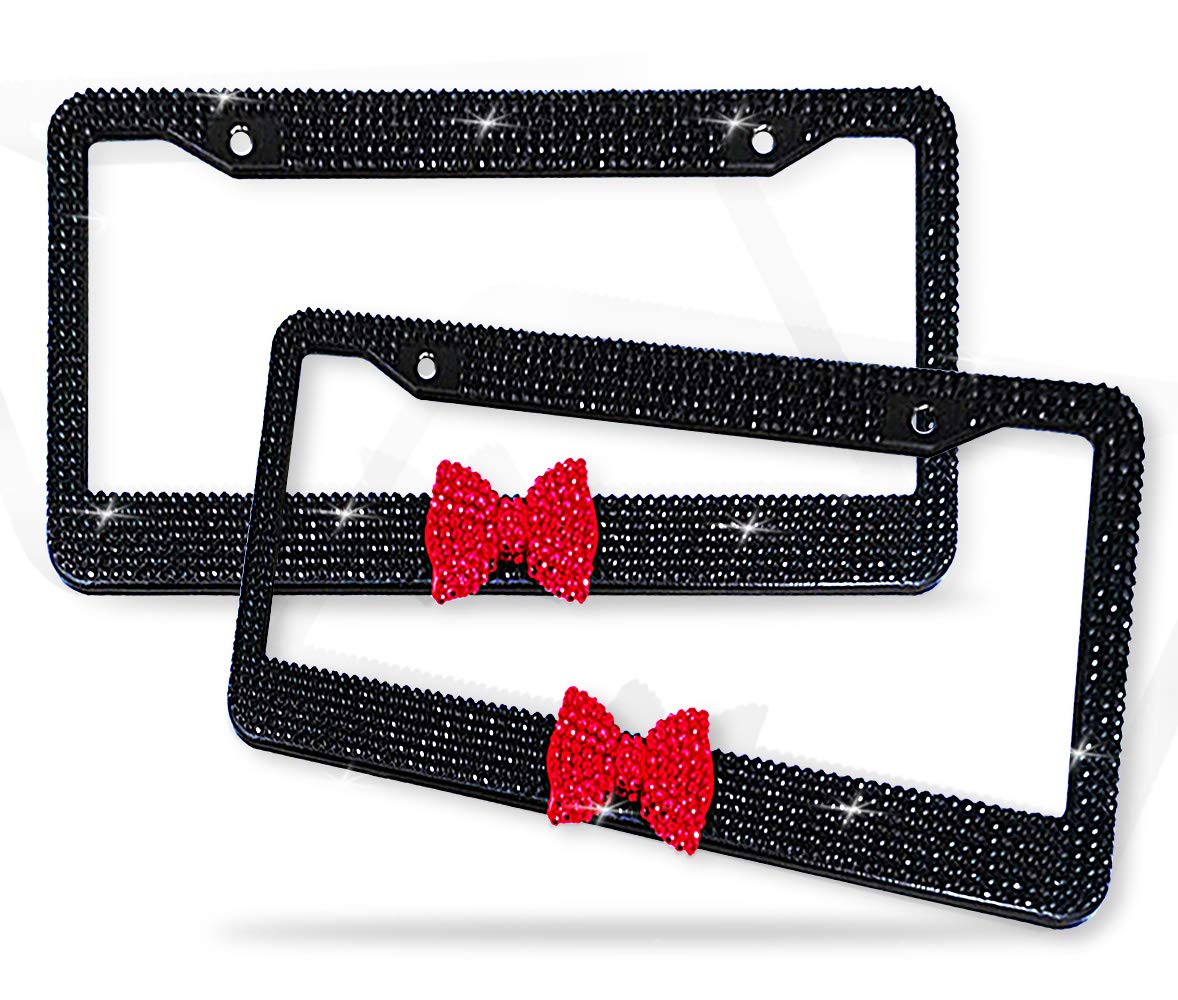 Zento Deals Shiny Bling Women License Plate Frame- Crystal BlackRhinestones with Red Ribbon Bow- 2-Pack Premium Quality License 