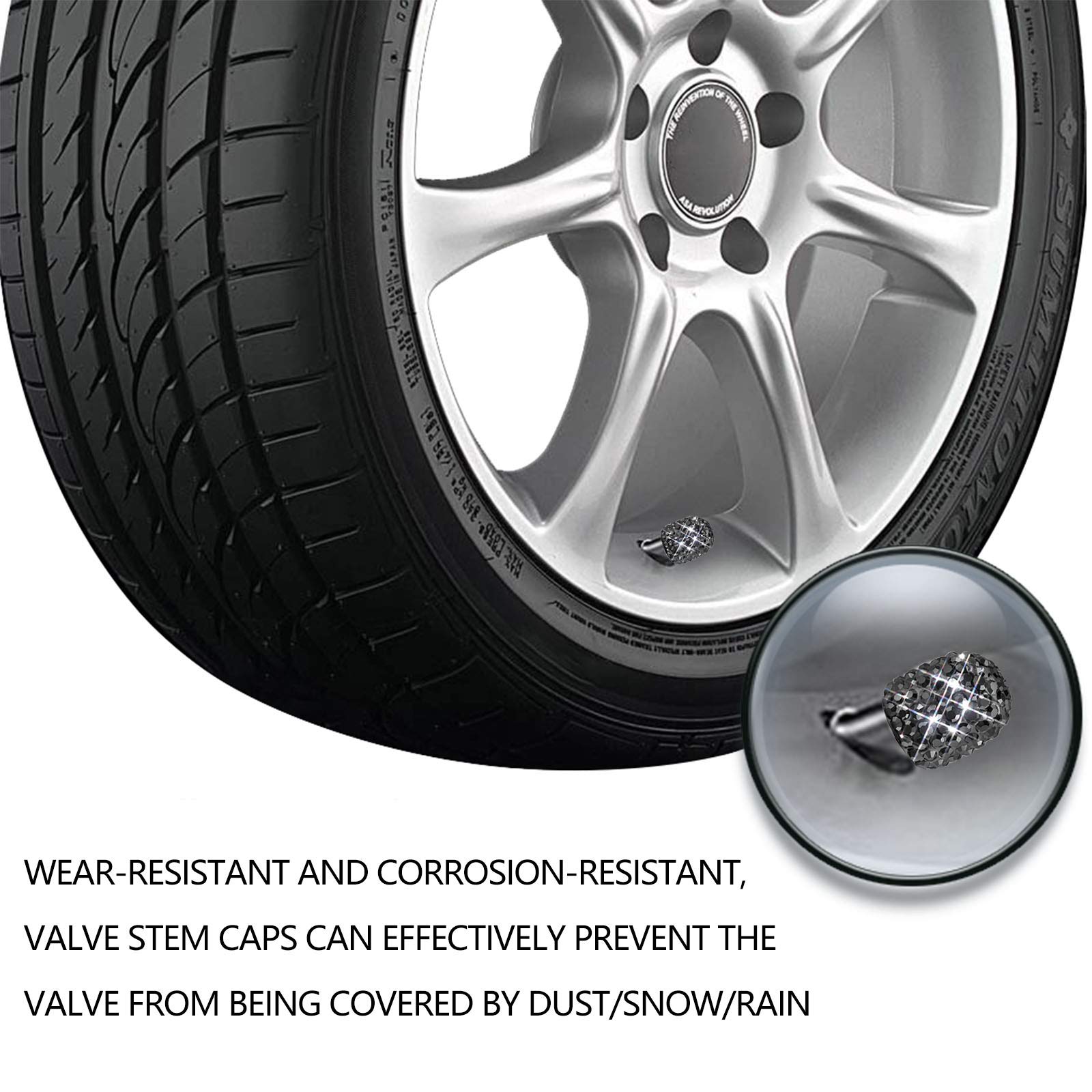 Sikawai Black Bling Valve Stem Caps - Handmade Crystal Rhinestone, Universal Car/Bike Accessories, Dustproof Chrome Finish