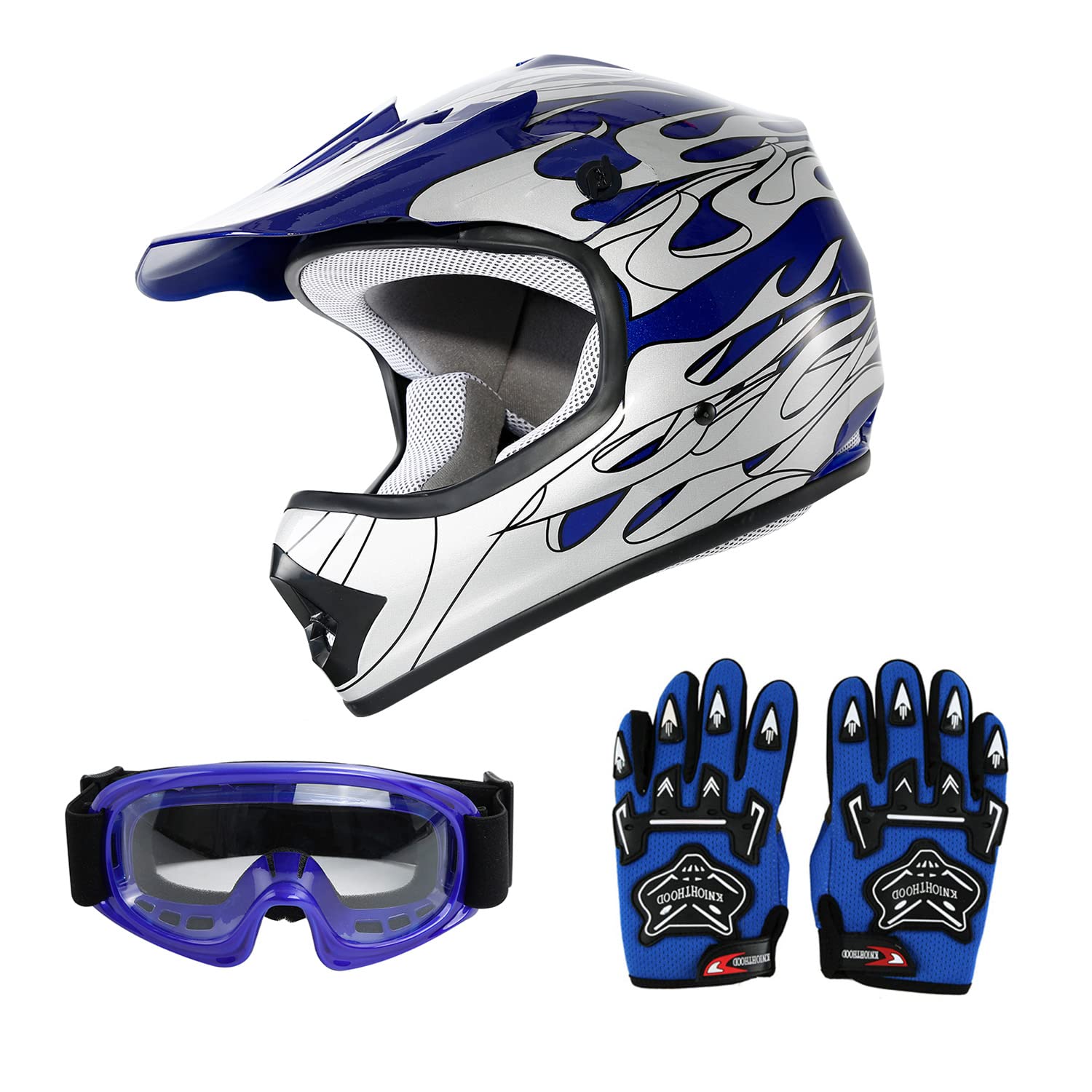 Slmoto Dot Youth Kids Helmet Motocross Offroad Street Helmet Motorcycle Helmet Dirt Bike Motocross Atv Blue Flame Design Helmet+Goggles+Gloves