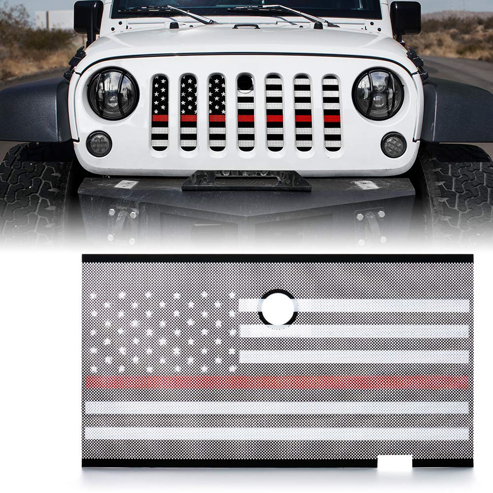 Xprite Aluminum Alloy Mesh Grill Insert With Hood Lock Hole & Firefighter Red Stripe, Compatible With 2007-2018 Jeep Wrangler Jk