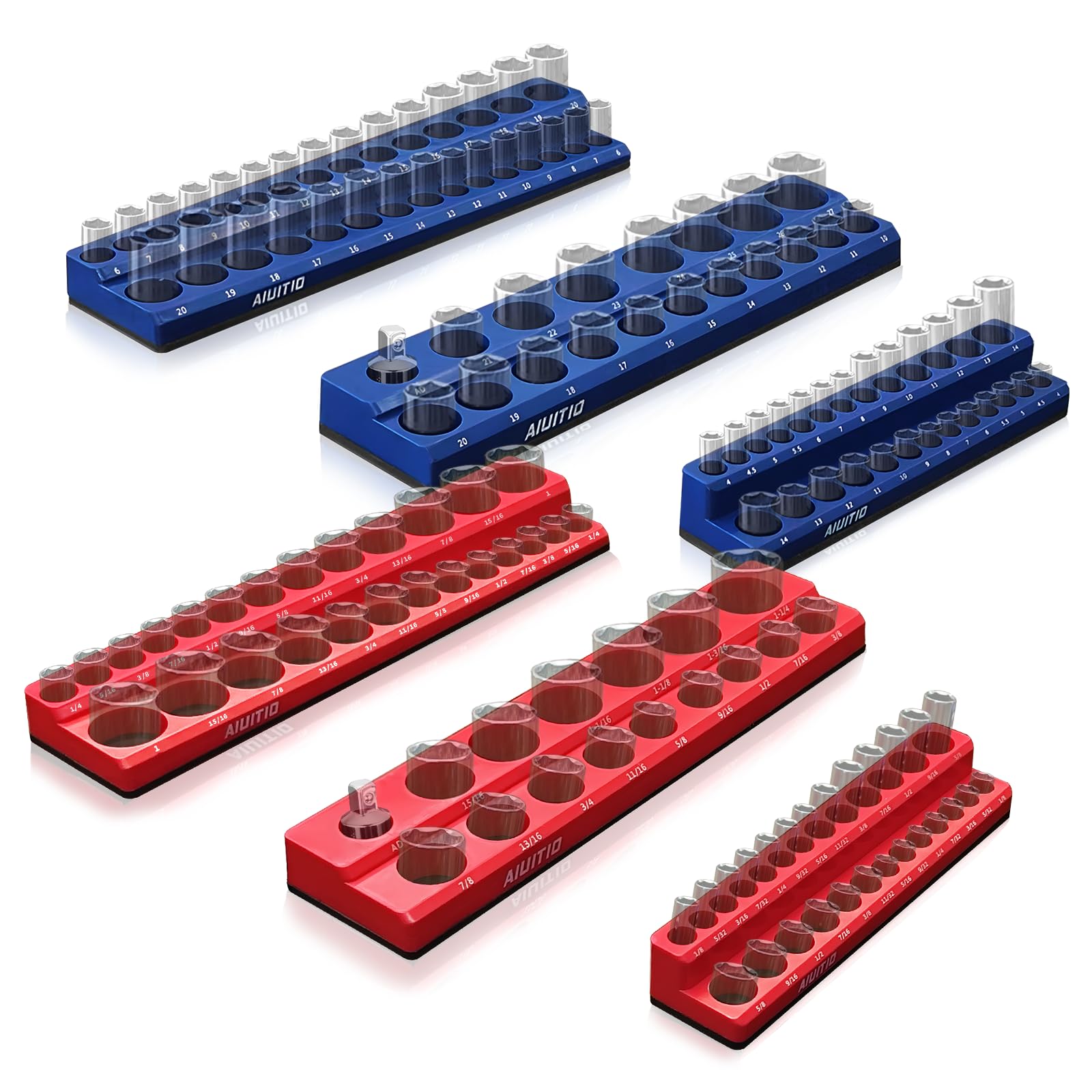 AIUITIO 6Piece Magnetic Socket Organizer Set, Magnetic Socket Holder Includes 1/4inch, 3/8inch, 1/2inch Drive Metric SAE Socket Trays, H