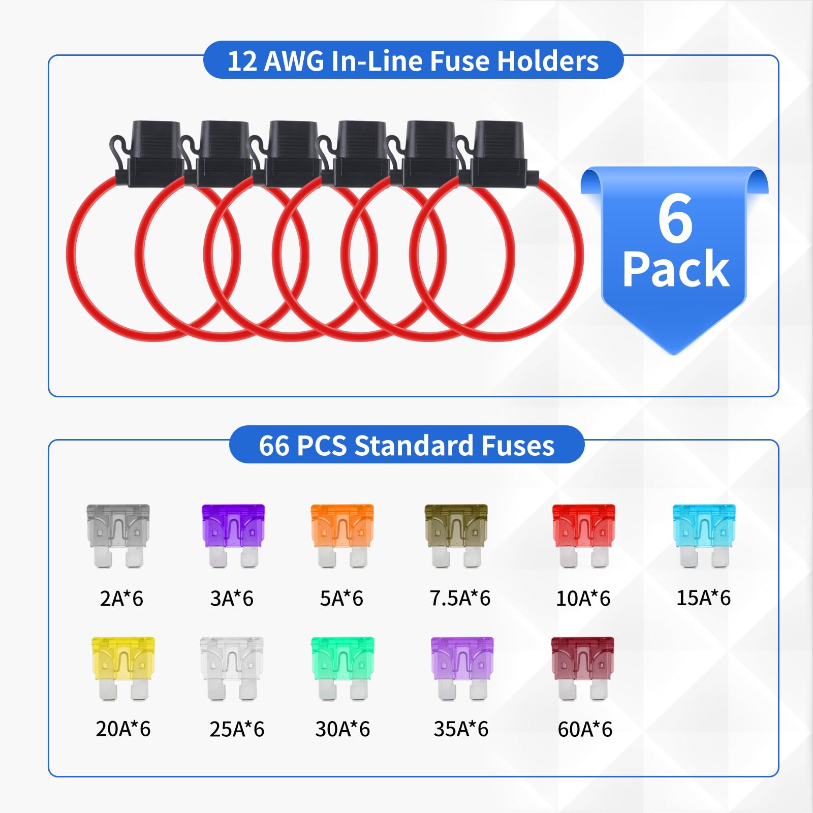 6 Pack Inline Fuse Holder 12V, Upgraded 12 AWG Waterproof Fuse Holder with 66 Pcs Standard Car Fuses (2A/3A/5A/7.5A/10A/15A/20A/