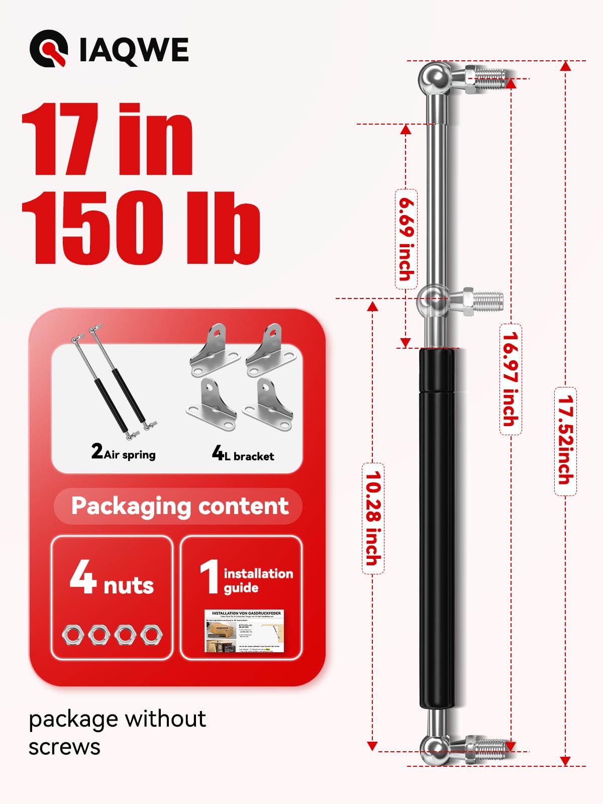 17Inch 150Lbs/667N Gas Struts Spring Shocks Lift Support with L Brackets for RV Murphy Bed Heavy Duty Tool Box Cabinet Trap Base