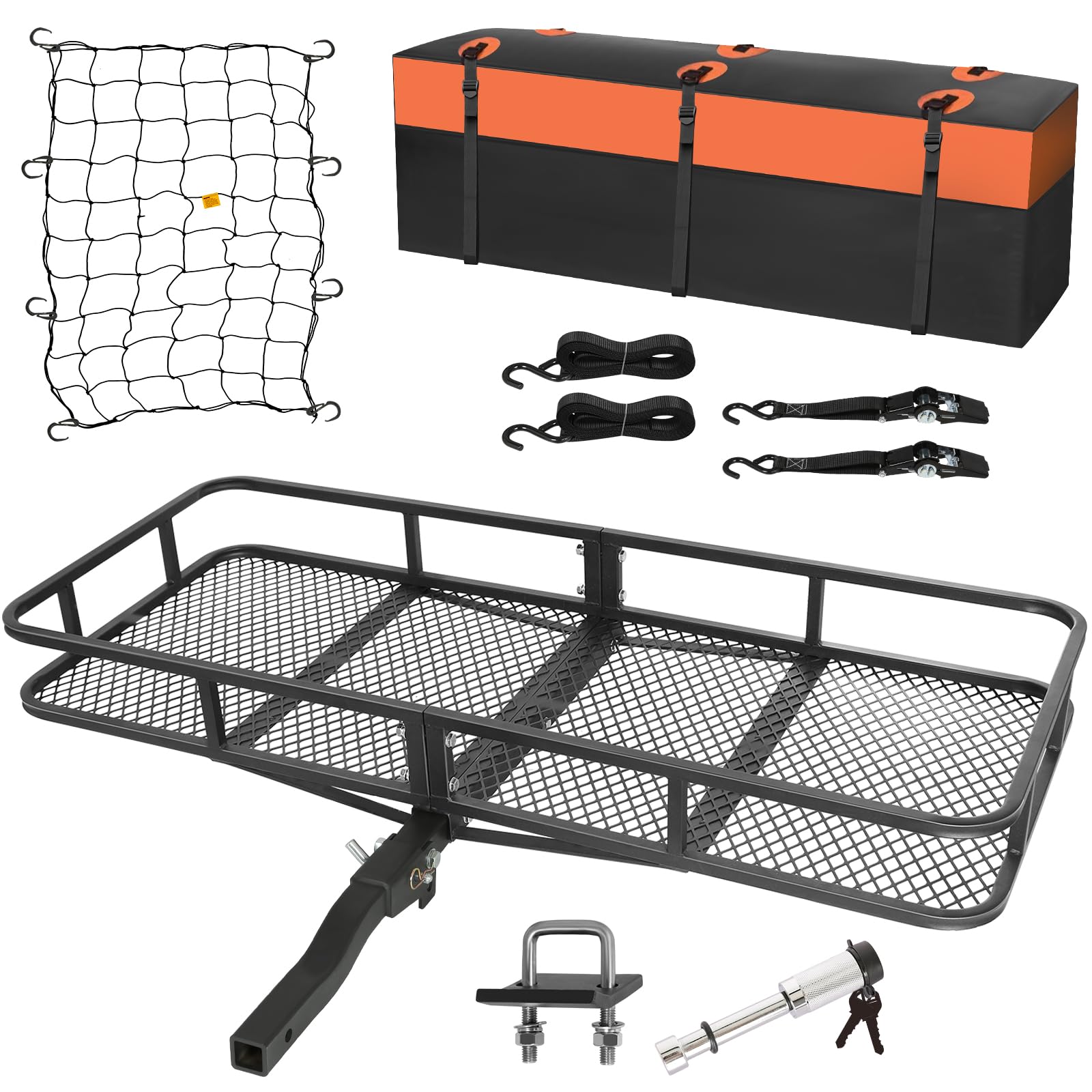 Weize Folding Hitch Mount Cargo Carrier Basket 60 X 20 X 6 With Waterproof Bag, Net, Strap, 2-Inch Folding Shank, 500 Lbs Capacity Hitch Rack, Steel Construction
