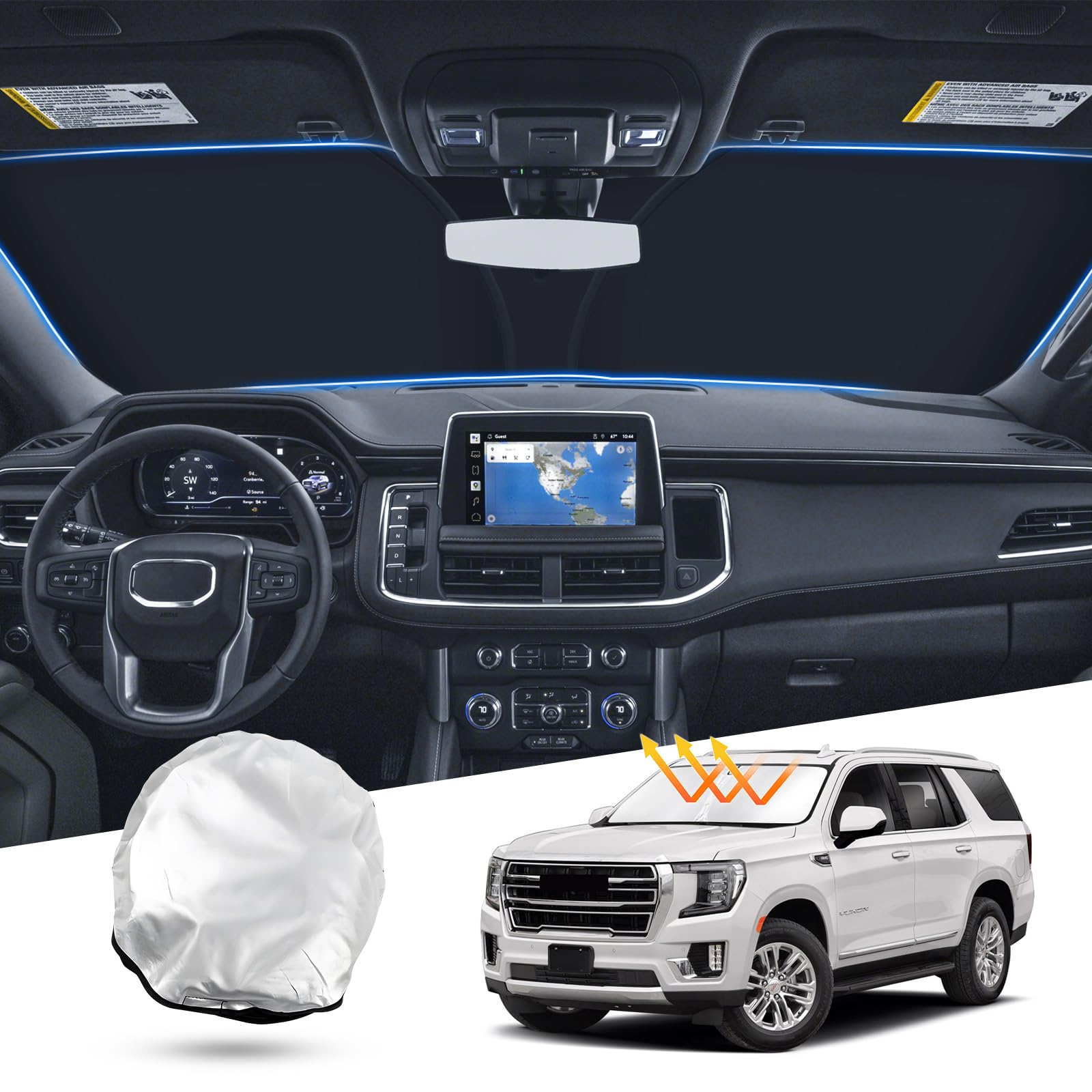 T Tgbros Windshield Sun Shade Custom Fit For 2021-2023 2024 2025 Gmc Yukon, Yukon Xl Accessories Foldable Sun Shield Reflective