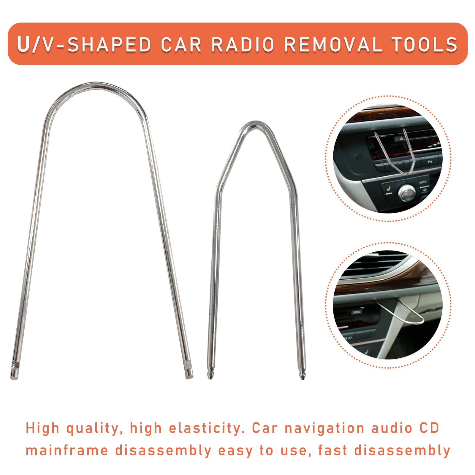 Dickno 2 Pcs Car Radio Removal Pry Tool, U/V-Shaped Stainless Steel Auto Stereo Release Tool Kit, Universal Radio Remover For Di