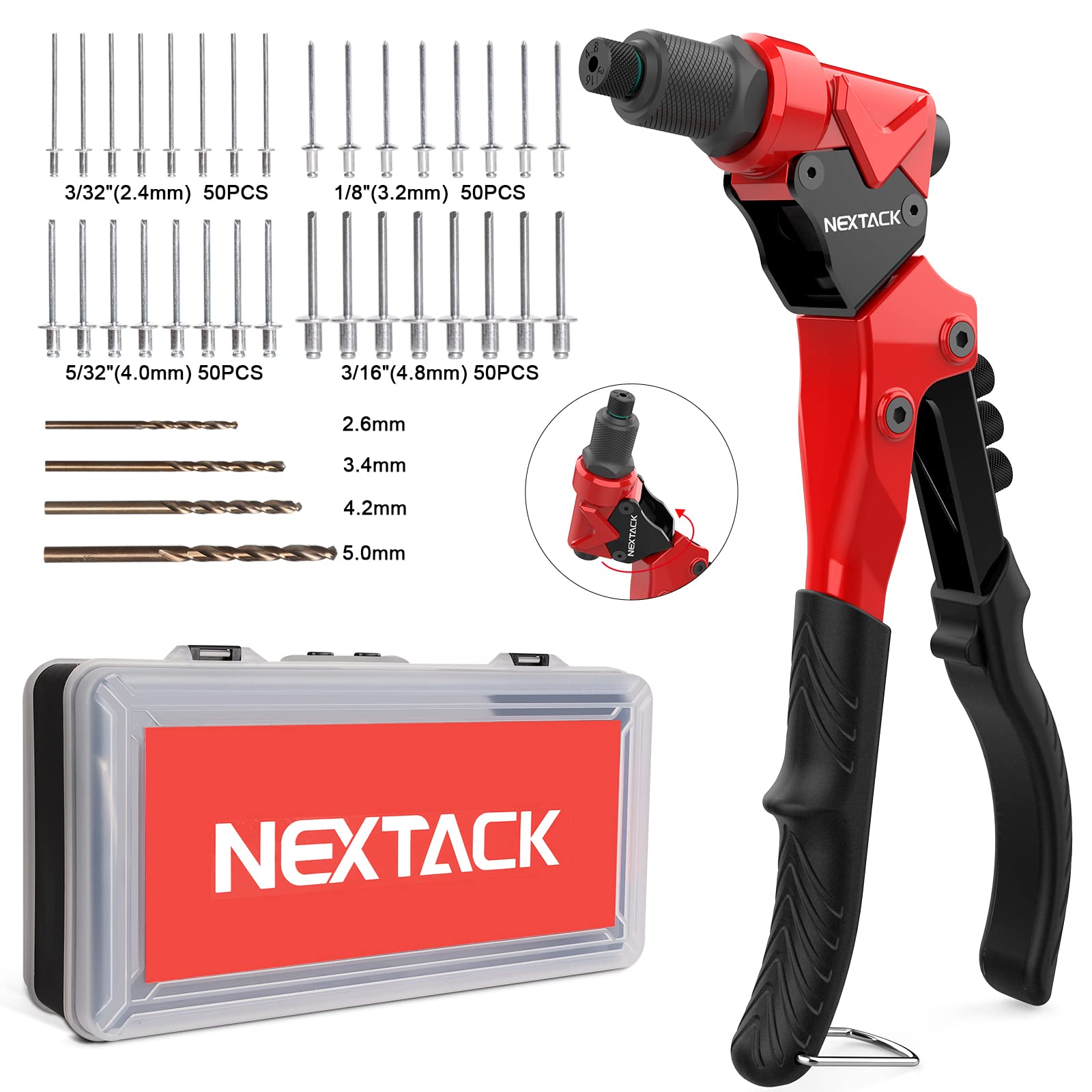 NEXTACK Rivet Gun Kit, Heavy Duty Pop Rivet Gun with 360 Degree swivel Head for Tight Space, 4 HSS Drill Bits, 200 Assorted Rive