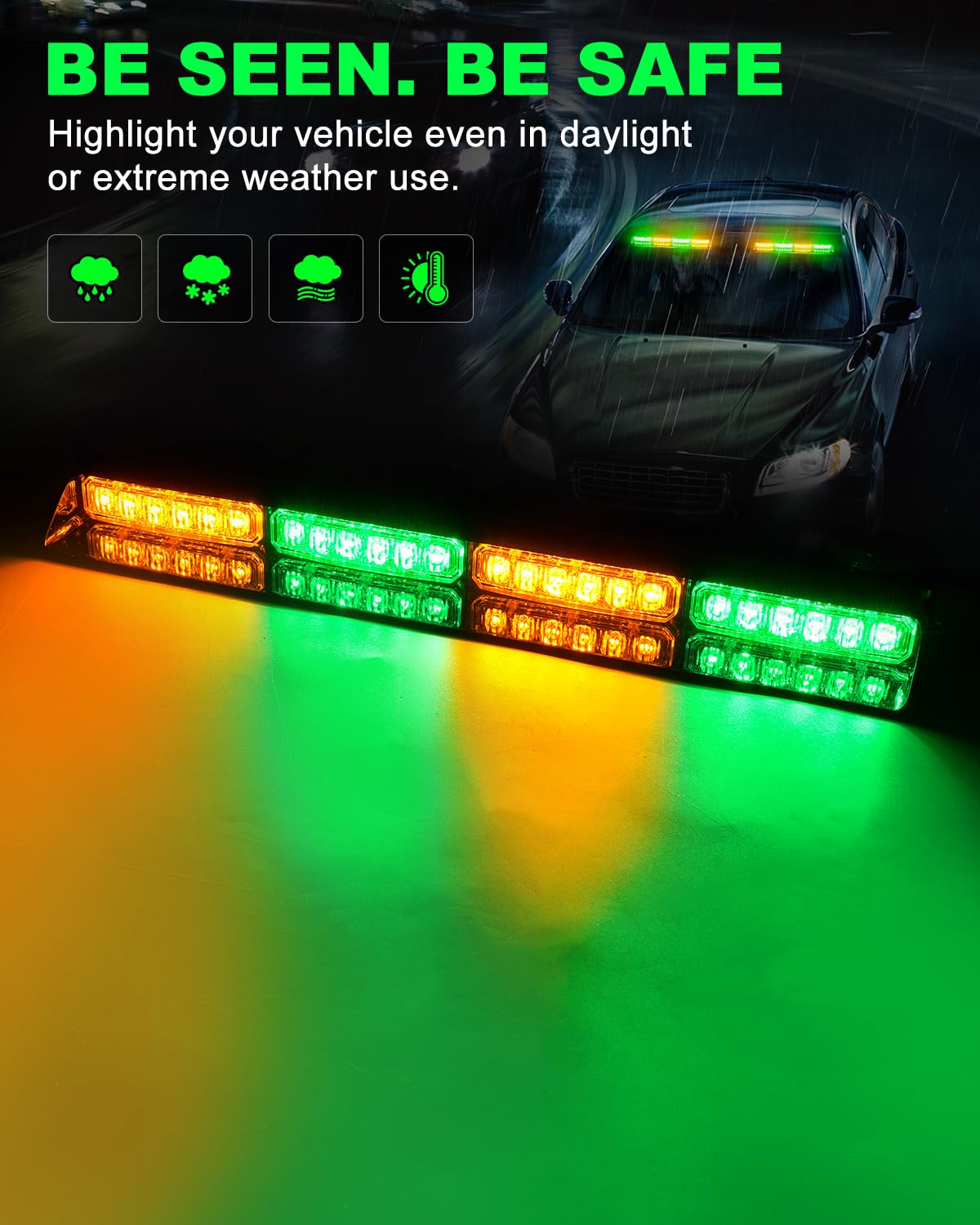 Hlauto 6Z4J Emergency Dash Strobe Lights: 2X16.8 Inch Green Amber Safety Lights, 48 Led Flashing Warning Hazard Interior Windshi