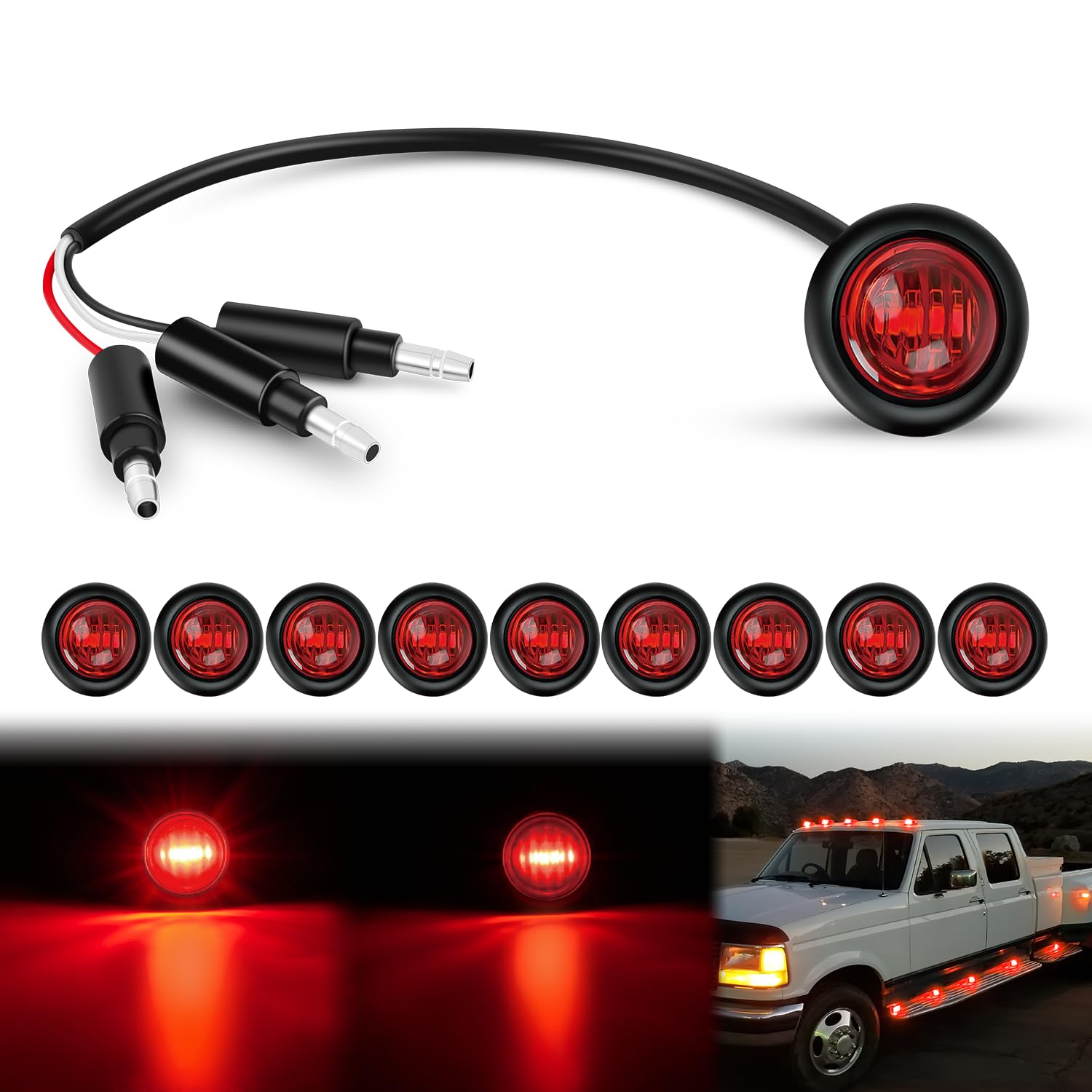 Nilight 3/4Inch Round Marker Light 10Pcs Red Led Brake Stop Turn Signal 3 Connectors Side Indicator Bullet Clearance Lights Ip68