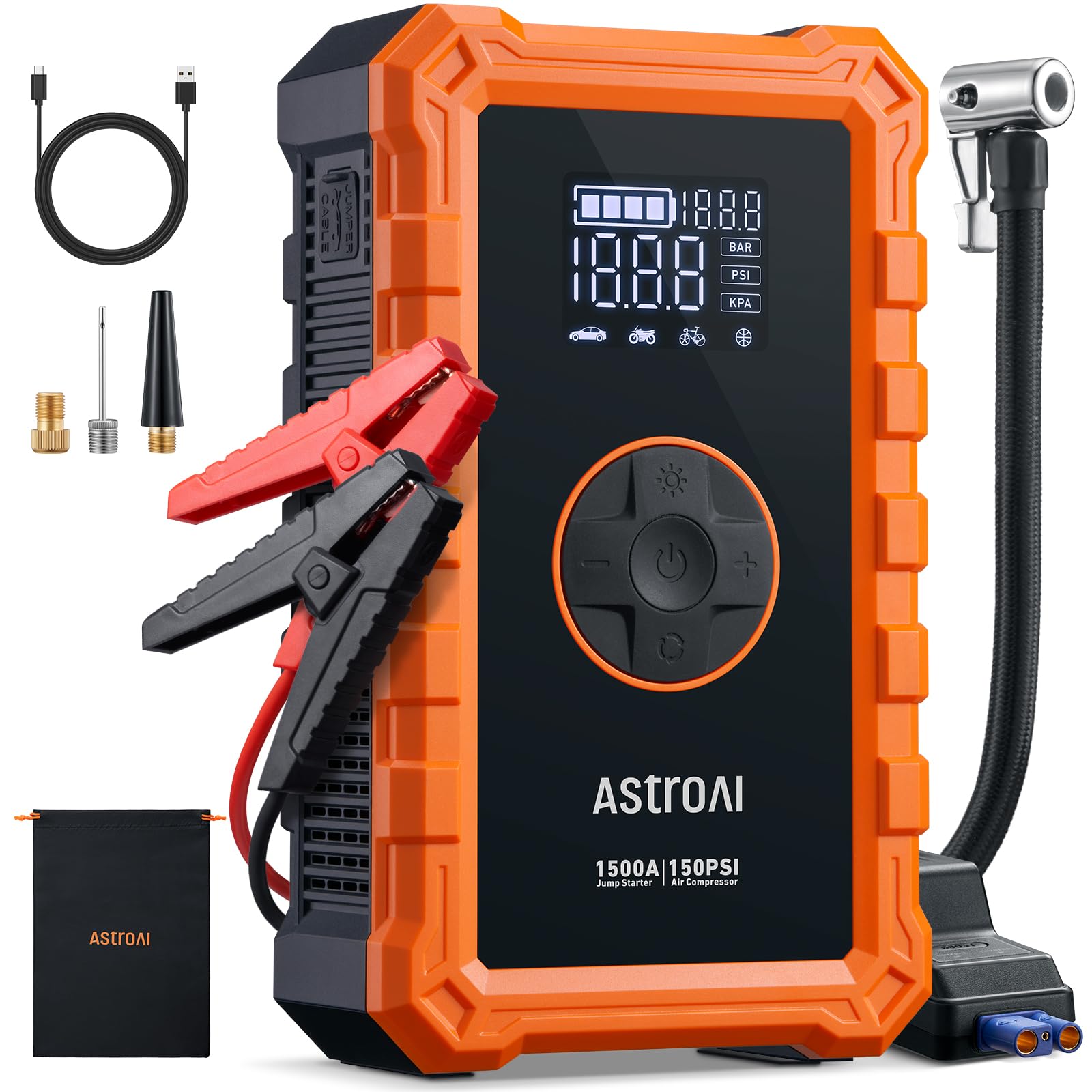 Astroai S8 Air Jump Starter With Air Compressor, 1500A Peak Car Battery Jump Starter Portable (6.0 Gas/3.0L Diesel) With 150Psi