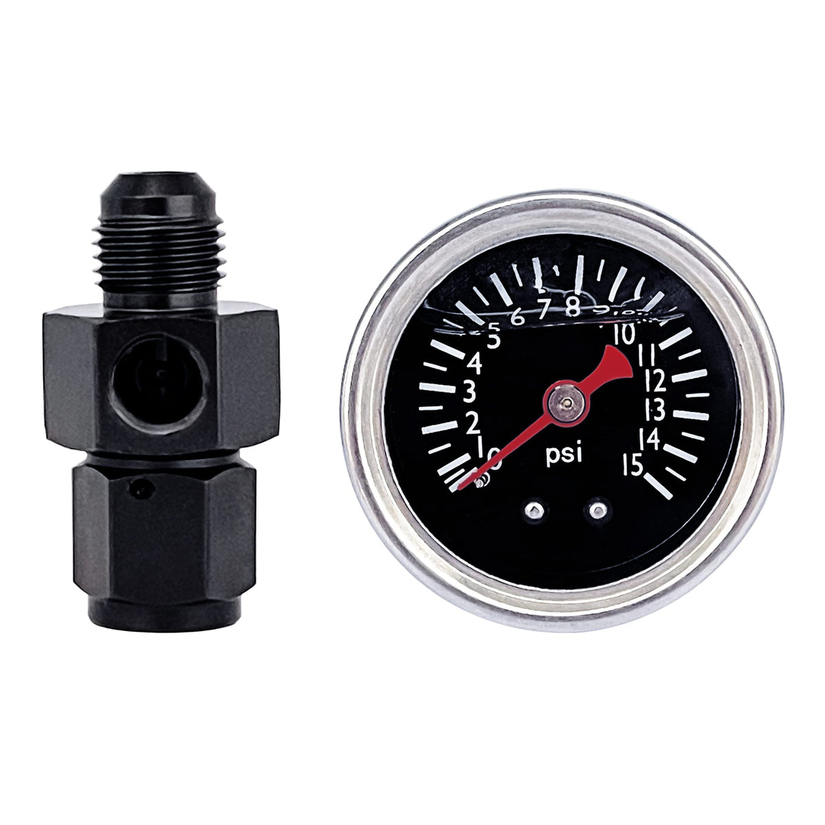 Fuel Pressure Gauge with 6AN Fuel Pressure Take Off Fitting, 0-15Psi, 1-1/2'' Black Dial,1/8'' NPT Center Back Mount, Glycerin F