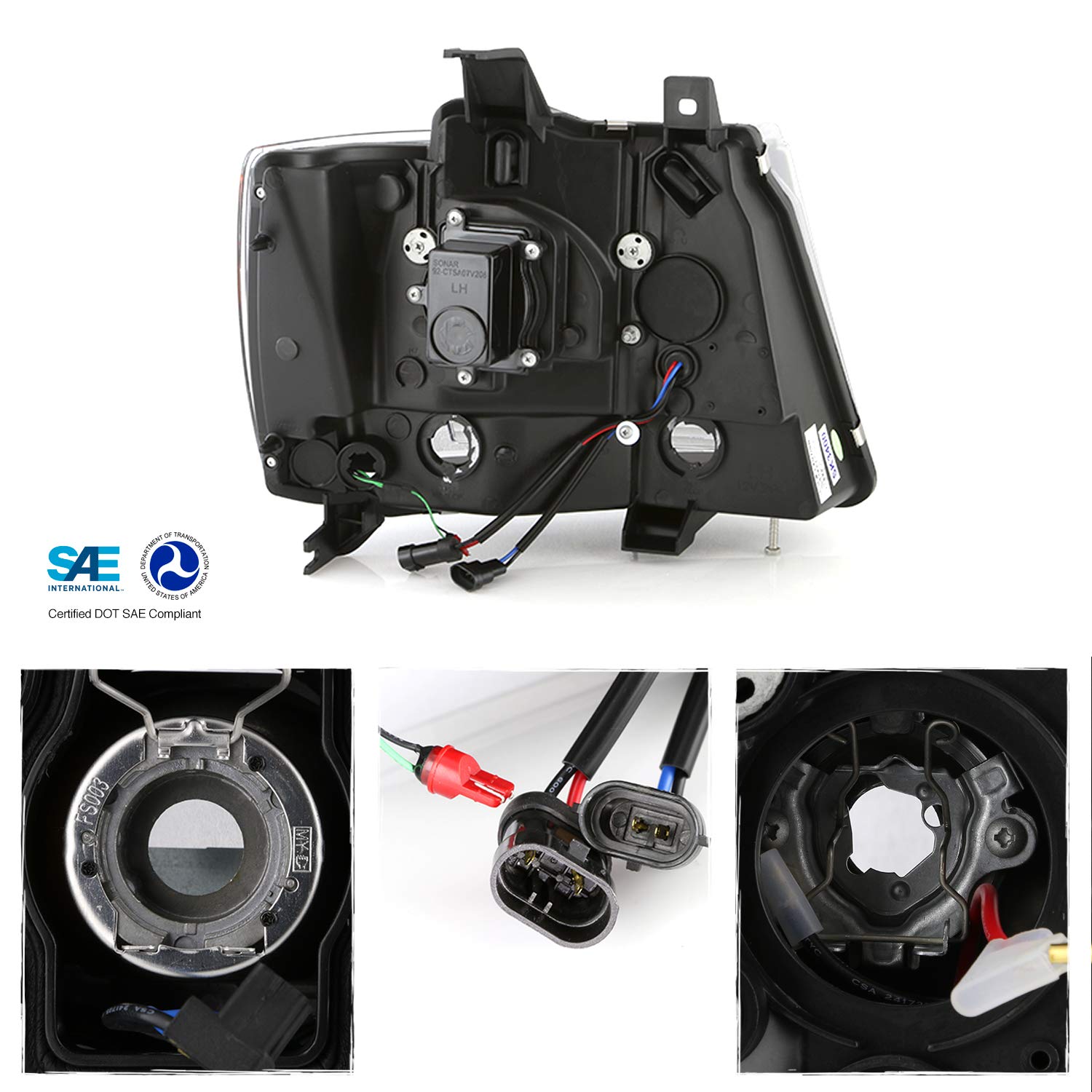 Akkon - Fits 2007-14 Chevy Tahoe Suburban 1500/2500 07-13 Avalanche Projector Led [C-Tube Bar] Black Headlights Pair Left+Right