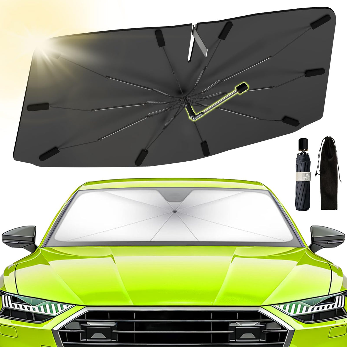 2025 Upgraded Windshield Sun Shade with 360 Rotating Shaft - No Scratching, Umbrella Car Shade for Front Windshield, Automotive 