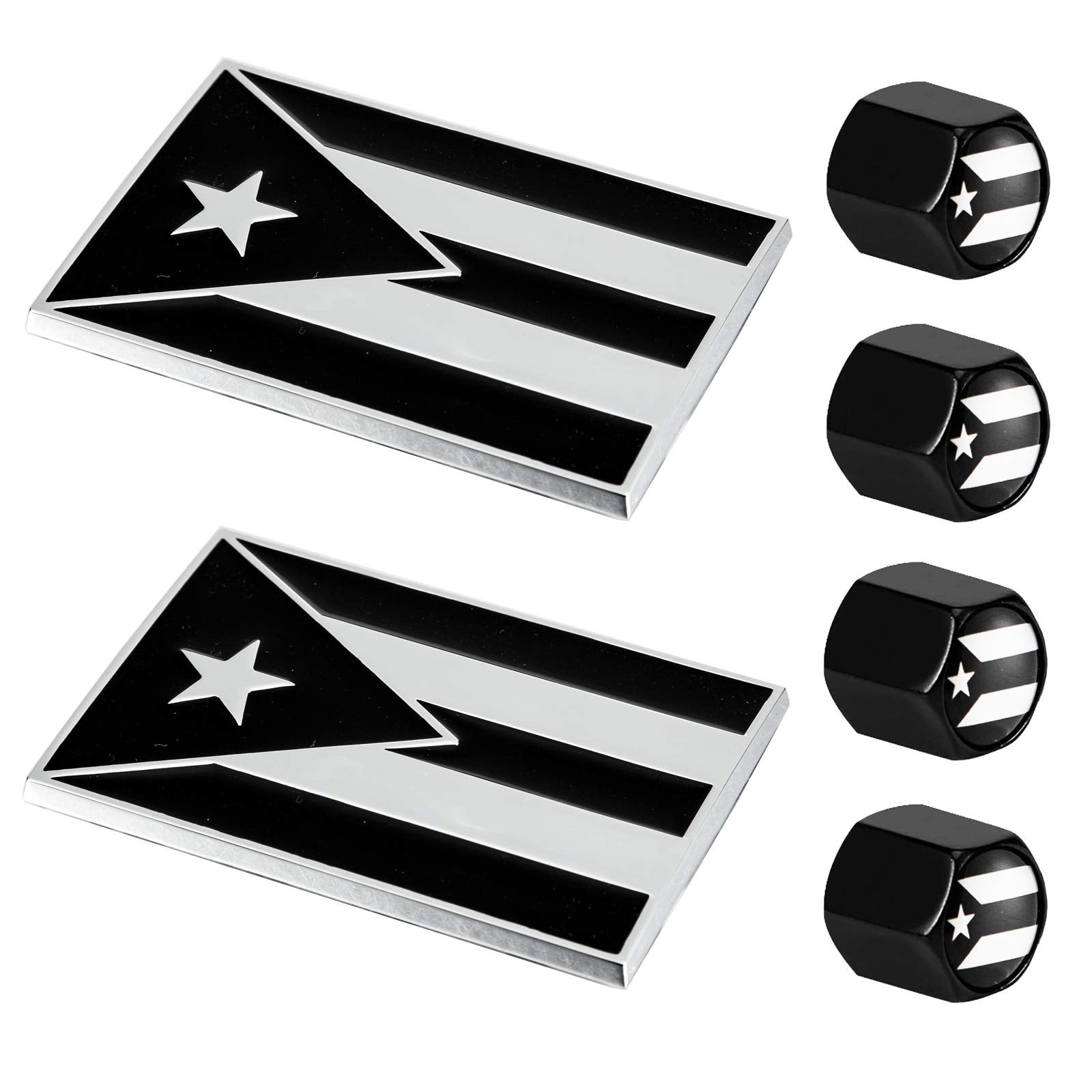 Dsycar 2 Pack Puerto Rico Black And White Flag Metal Decal Auto Emblem - Gifts 4 Free Puerto Rico Flag Valve Stem Caps (Black Wh