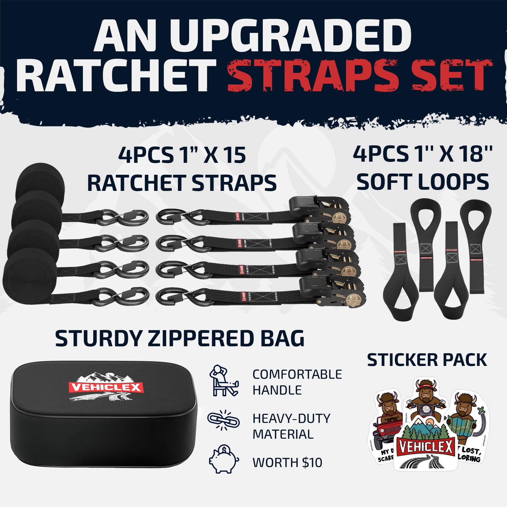 Ratchet Tie-Down Straps Set - (1' X 15', 2200Lbs Breaking Strength) - Vehiclex Soft Loops, Coated S-Hooks, Storage Bag For Atv, Motorcycle, Bicycle, Kayak, Cargo Securing, Black