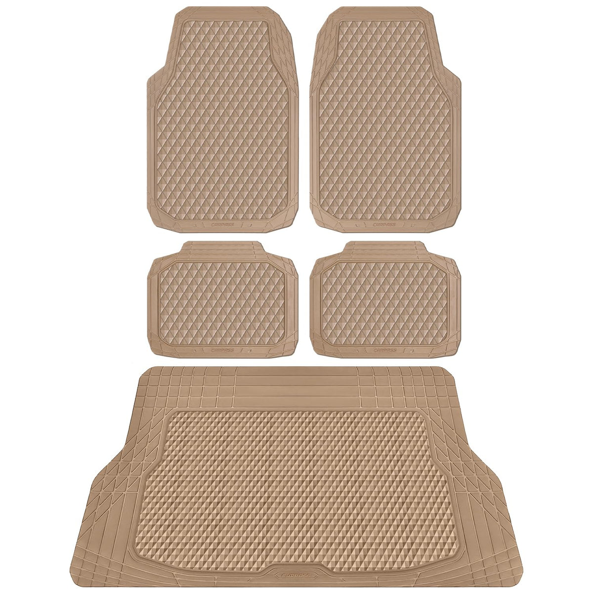 CAR PASS Beige Rubber Car Floor Mats & Cargo Liners, Durable Anti-Slip 3D Rhombus Waterproof Automotive Pad Trim Fit Liner All-W