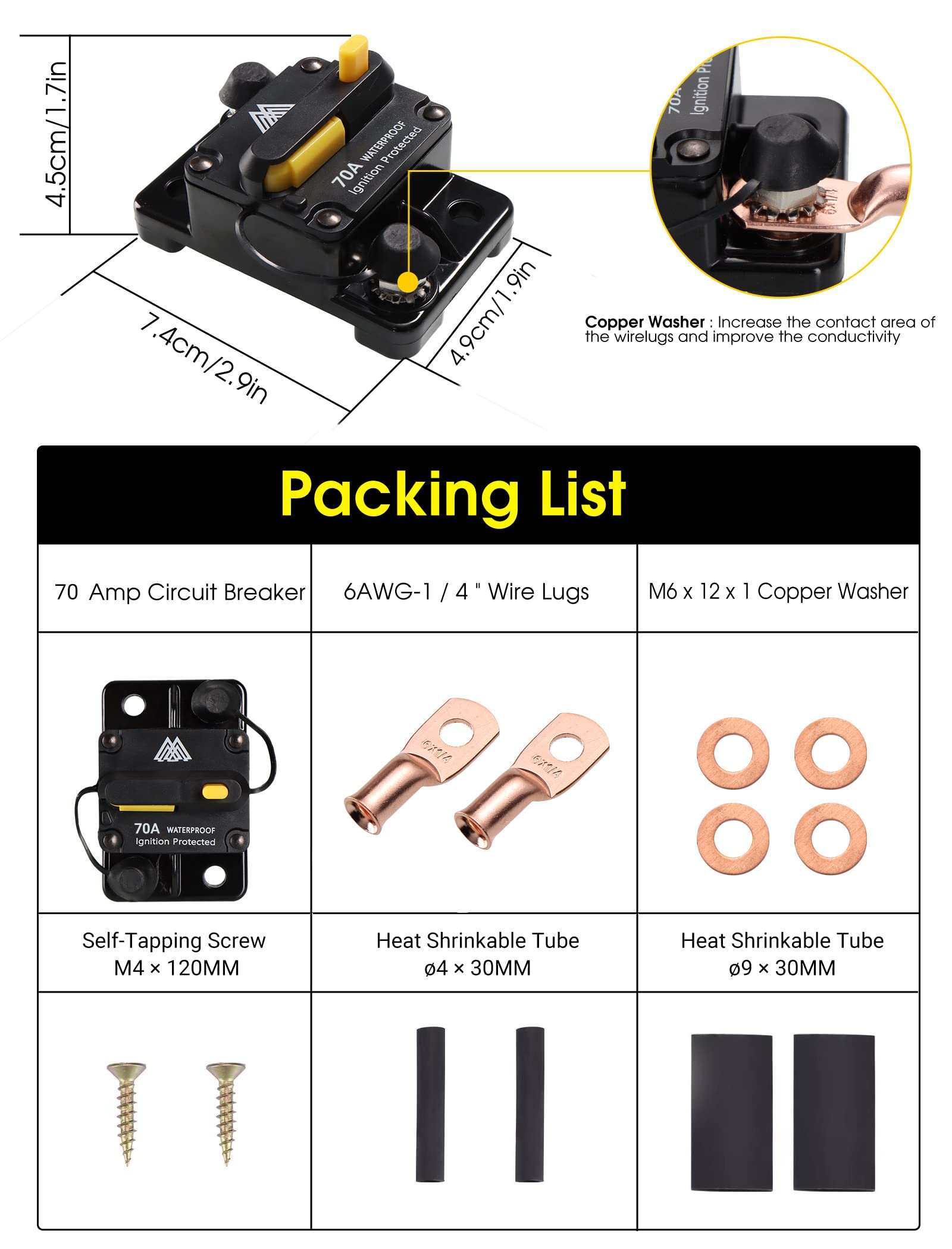 70 Amp Circuit Breaker With Manual Reset Car Marine Trolling Motors Boat Rv Atv 12V-48Vdc Waterproof Audio System Fuse