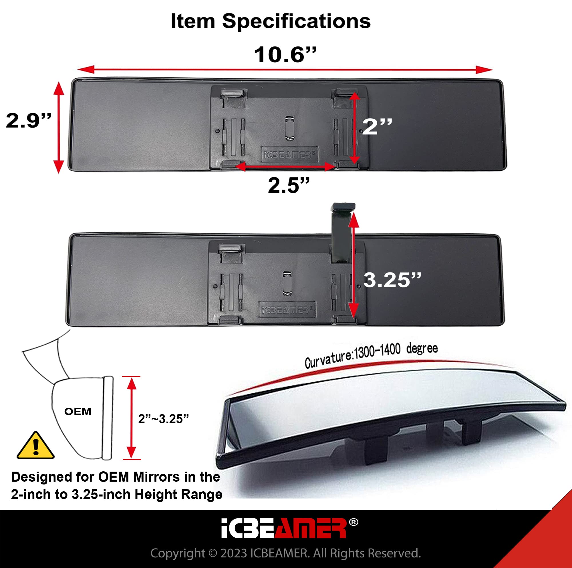 Icbeamer 10.6'' Car Rear View Mirror, Clear Convex Surface, 270Mm Panoramic Wide Angle Blindspot Mirror For Car Accessories,Rubb