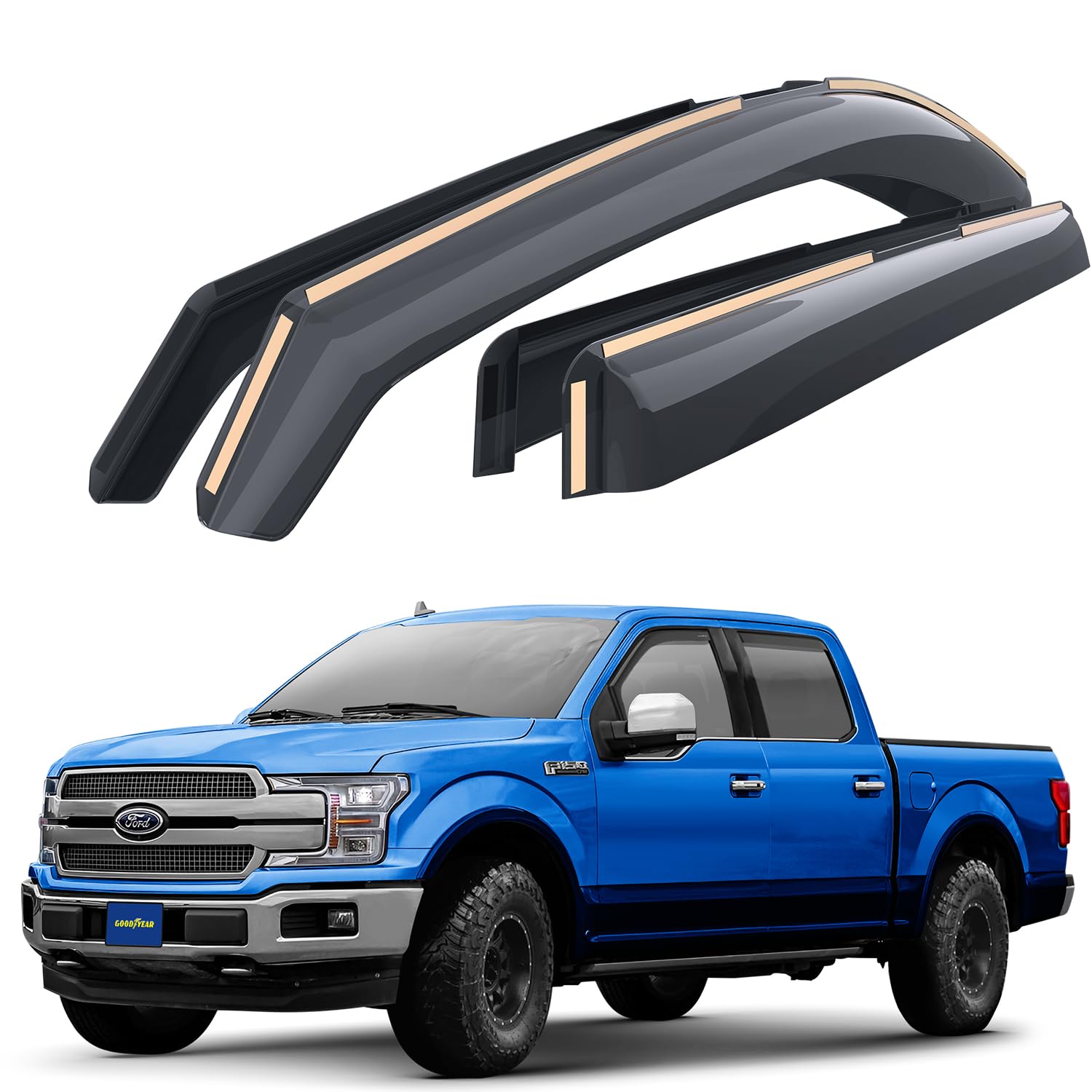 Goodyear Shatterproof In-Channel Window Deflectors For Ford F150 2015-2020 Supercrew (Fit For Ford F250-F550 17-23), Rain Guards