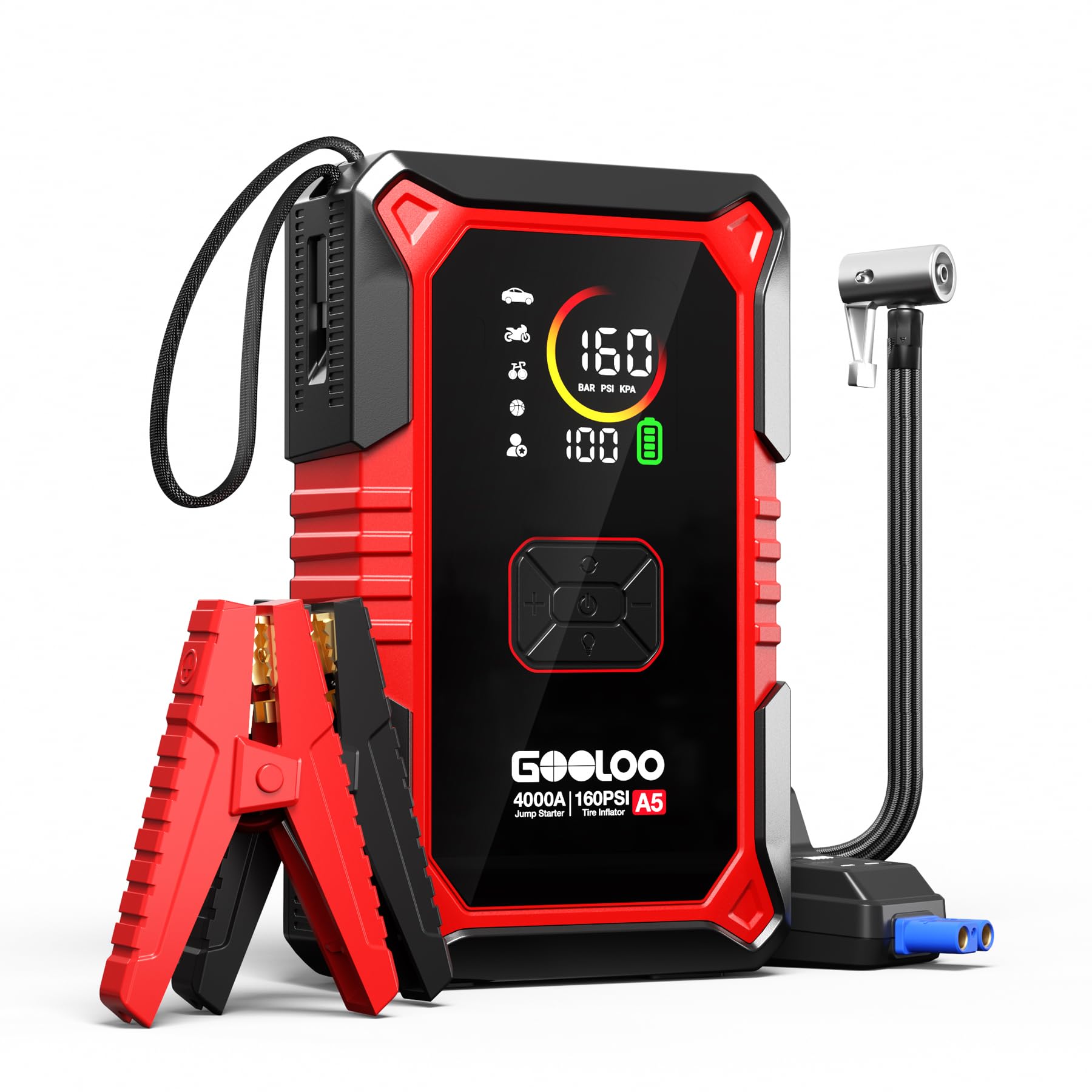 GOOLOO A5 Jump Starter with Air Compressor, 4000A Car Battery Jump Starter (All Gas/10.0L Diesel) with 160PSI Tire Inflator Auto