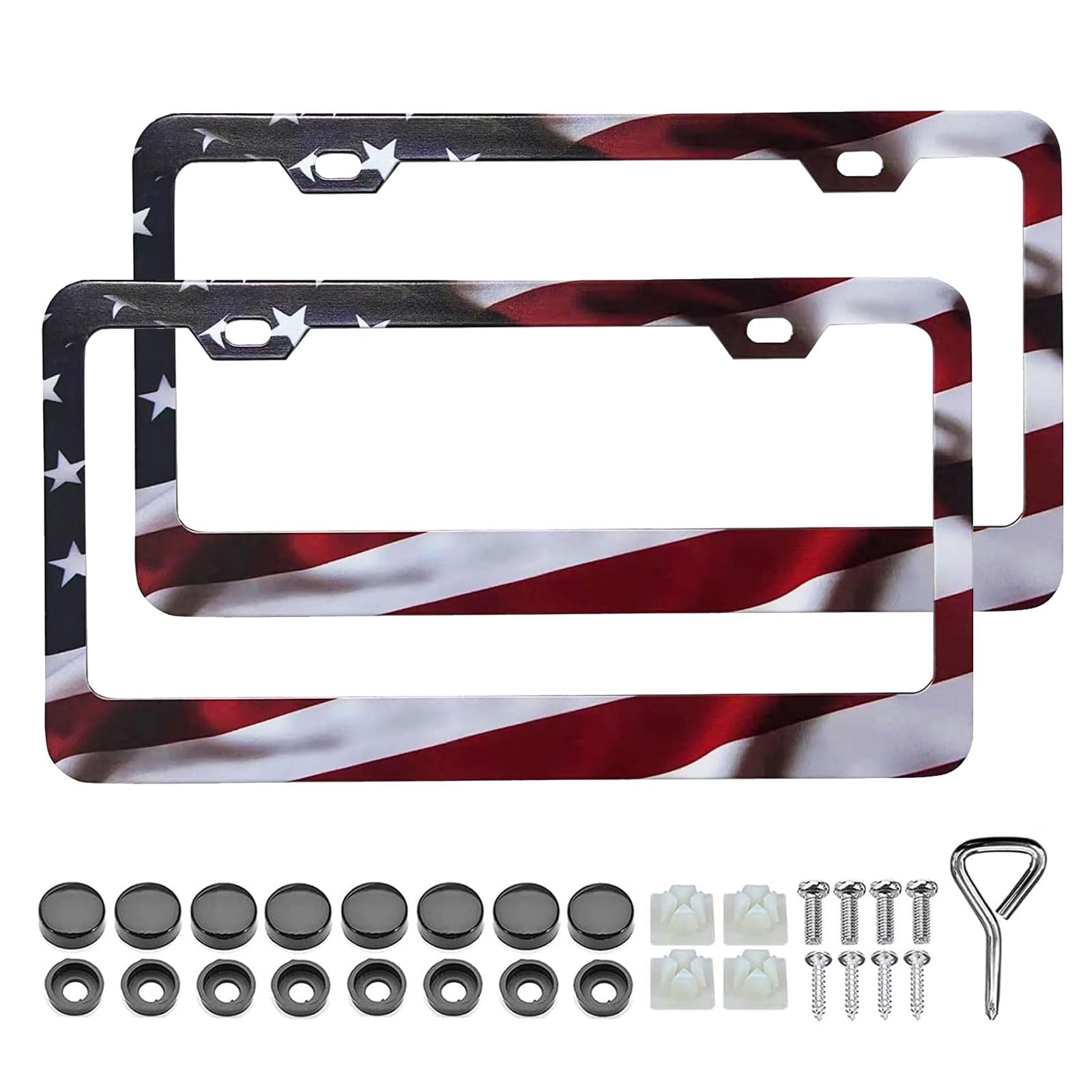 Patriotic American Flag License Plate Frame Holder - 2 Pack Universal Aluminum Matte Stripe Us Flag Gloss Car Plate Frame Covers