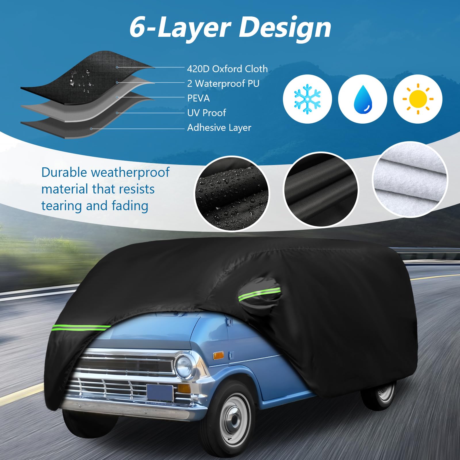 Waterproof Car Covers For 1961-1974 Falcon Club Wagon E-100,Econoline E-100 Van,420D Oxford Cloth Sun Heat Protection Outdoor Fu