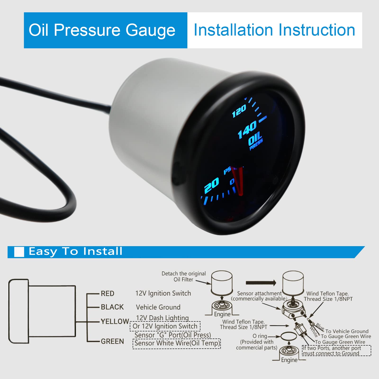 7 Color Oil Pressure Gauge 0-140 Psi Oil Press Gauge Meter 52Mm 2-1/16'' Led Backlight Black Oil Pressure Meter With Oil Pressur