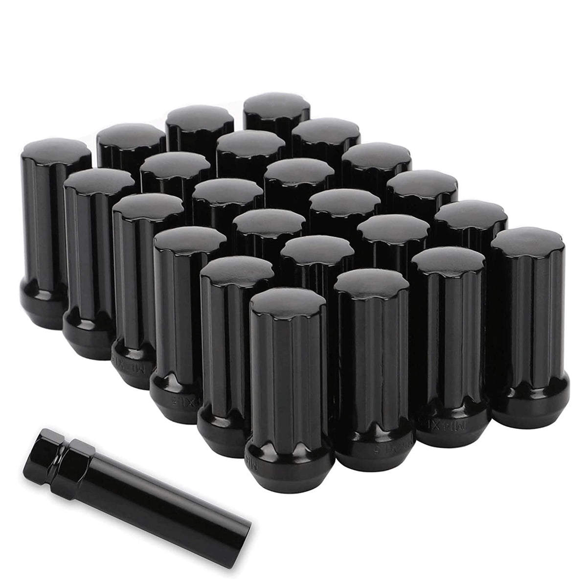 Richeer 24X Black M14X1.5 Lug Nut,Bulge Acorn Spline Bulge Seat, Closed End Long Extended Xl Spline With 1 Socket Key Fits Expre