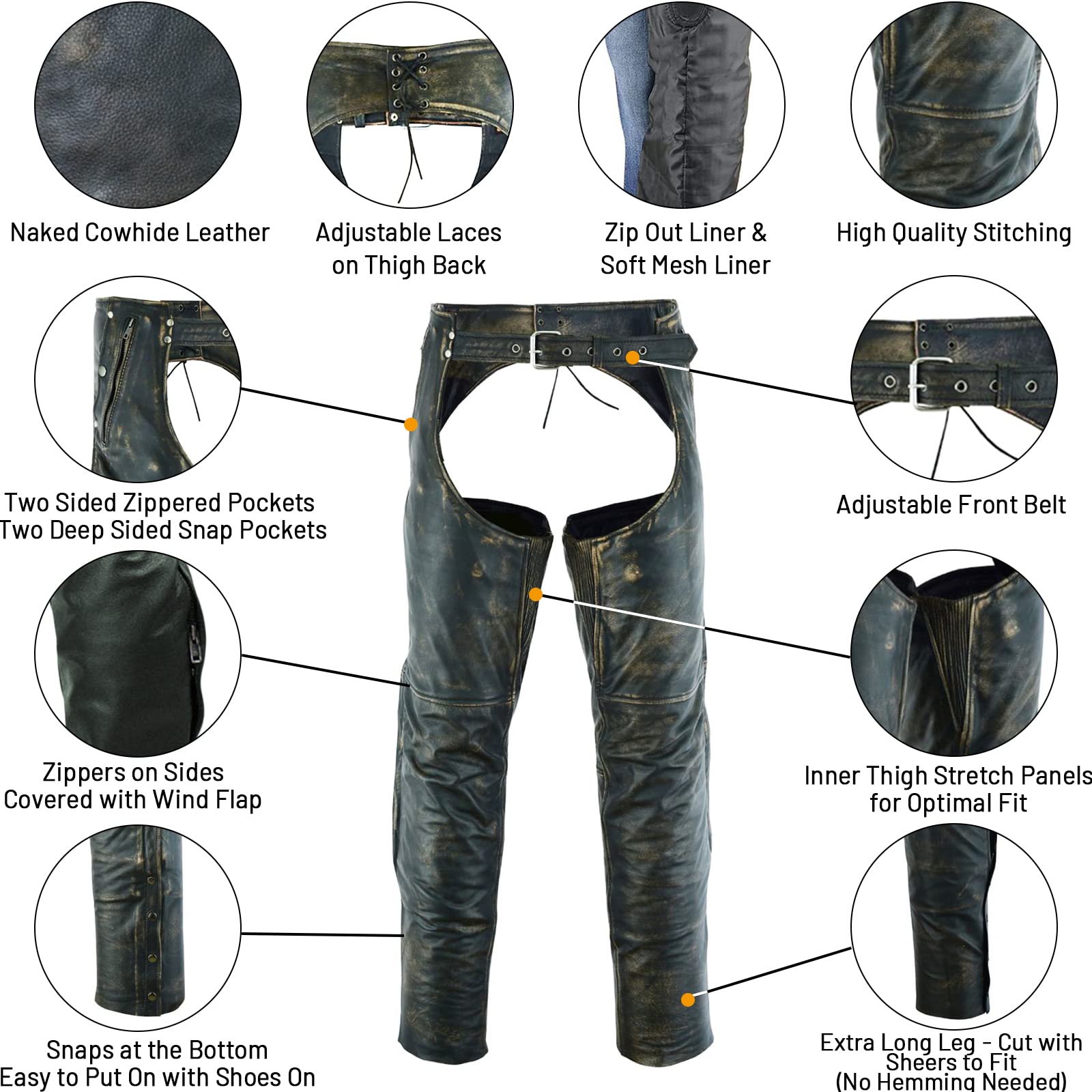 Dream Apparel Mens Distressed Brown Leather Motorcycle Riding Chaps With Zip Out Liner, Cowboy Biker Chaps Pants W/ 4 Pockets