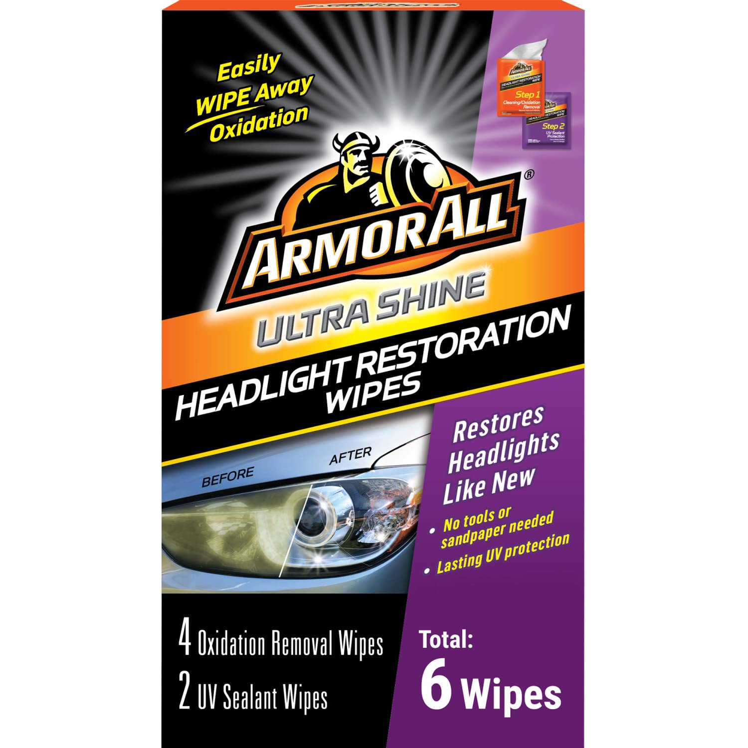 Armor All Car Headlights Cleaner Wipes , Cleaning Wipes For Headlights For Cars, Trucks, Mortocycles, 6 Wipes