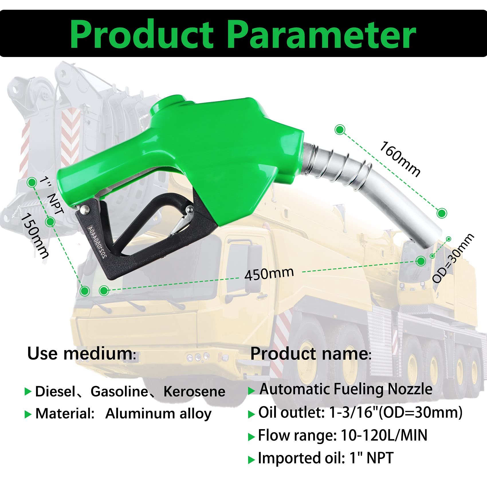 Azdele 1 Inch NPT Green Automatic Fueling Nozzle 1-3/16 Inches(OD=30mm) Spout Auto Shut Off Aluminum Alloy Diesel Petrol Fuel No