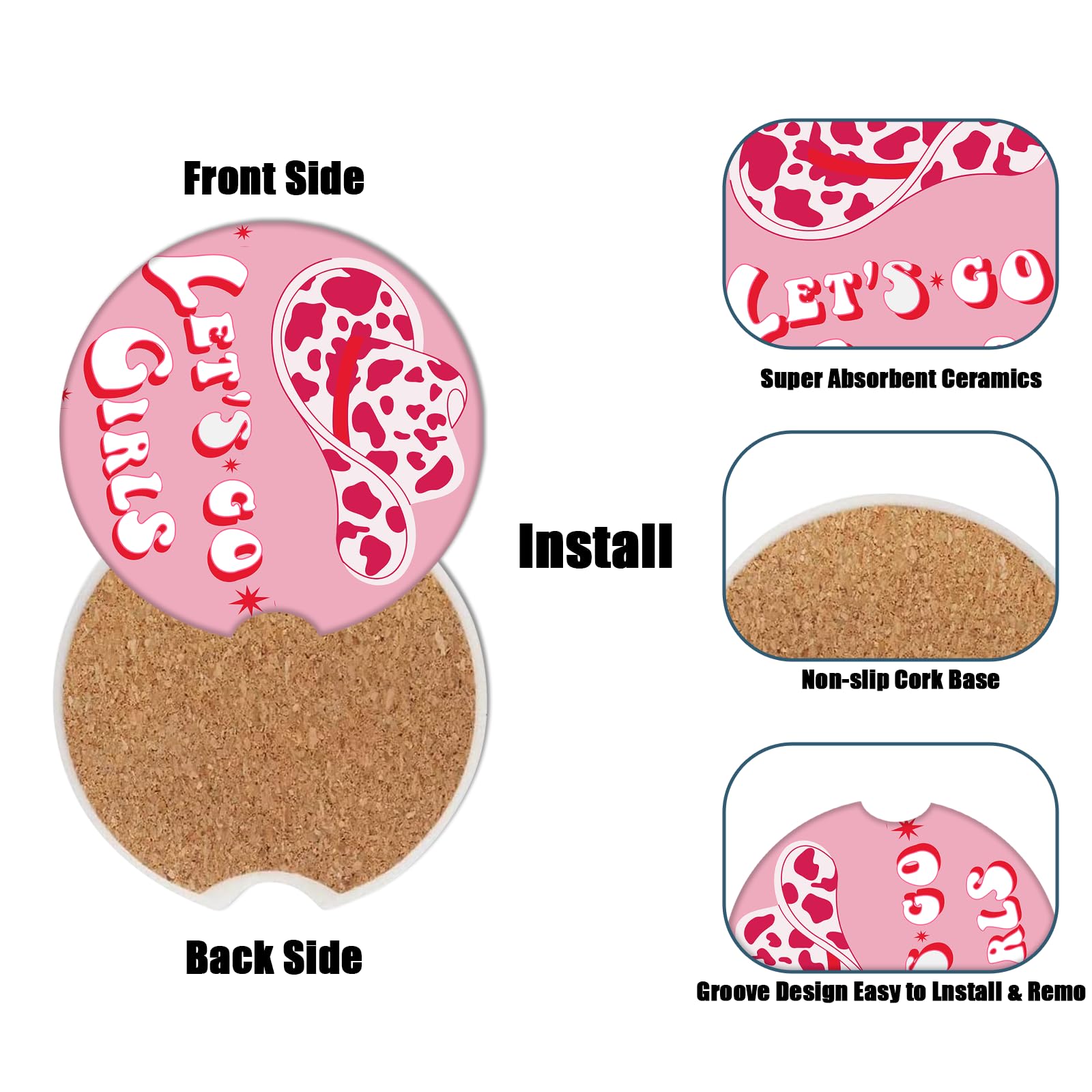 Car Cup Holder Coaster - Cow Hat Let's go Girl Women Absorbent Ceramic Coaster, Car Coasters for Cup Holders, Auto Accessories f