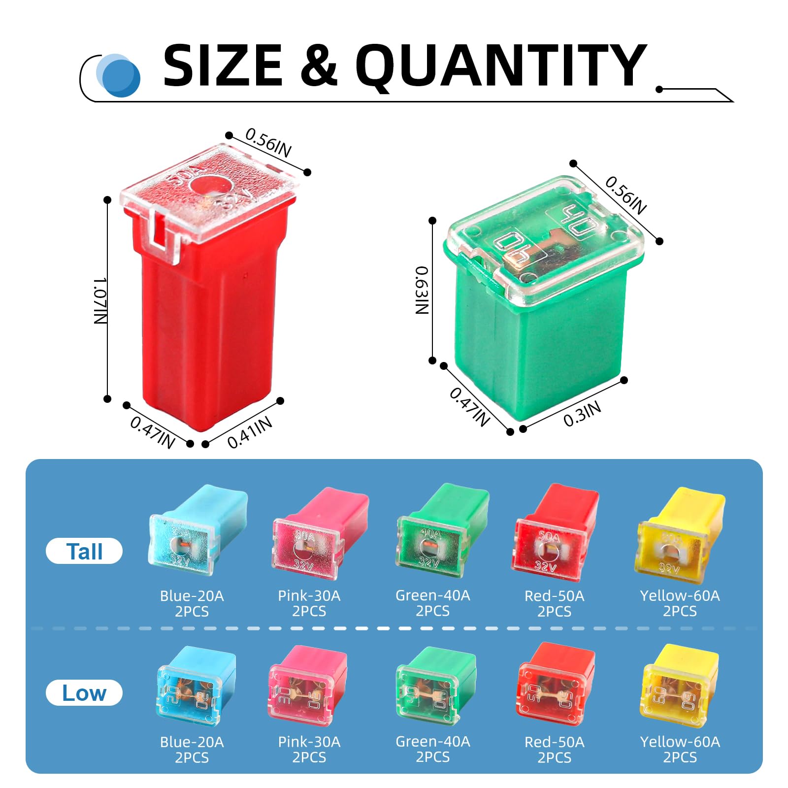 YNZDRWA 20PCS Car Fuses Assortment Kit, Tall/Standard and Low Profile Box Shaped Fuses for Pickup Trucks, Cars, RVs, and SUVs. P